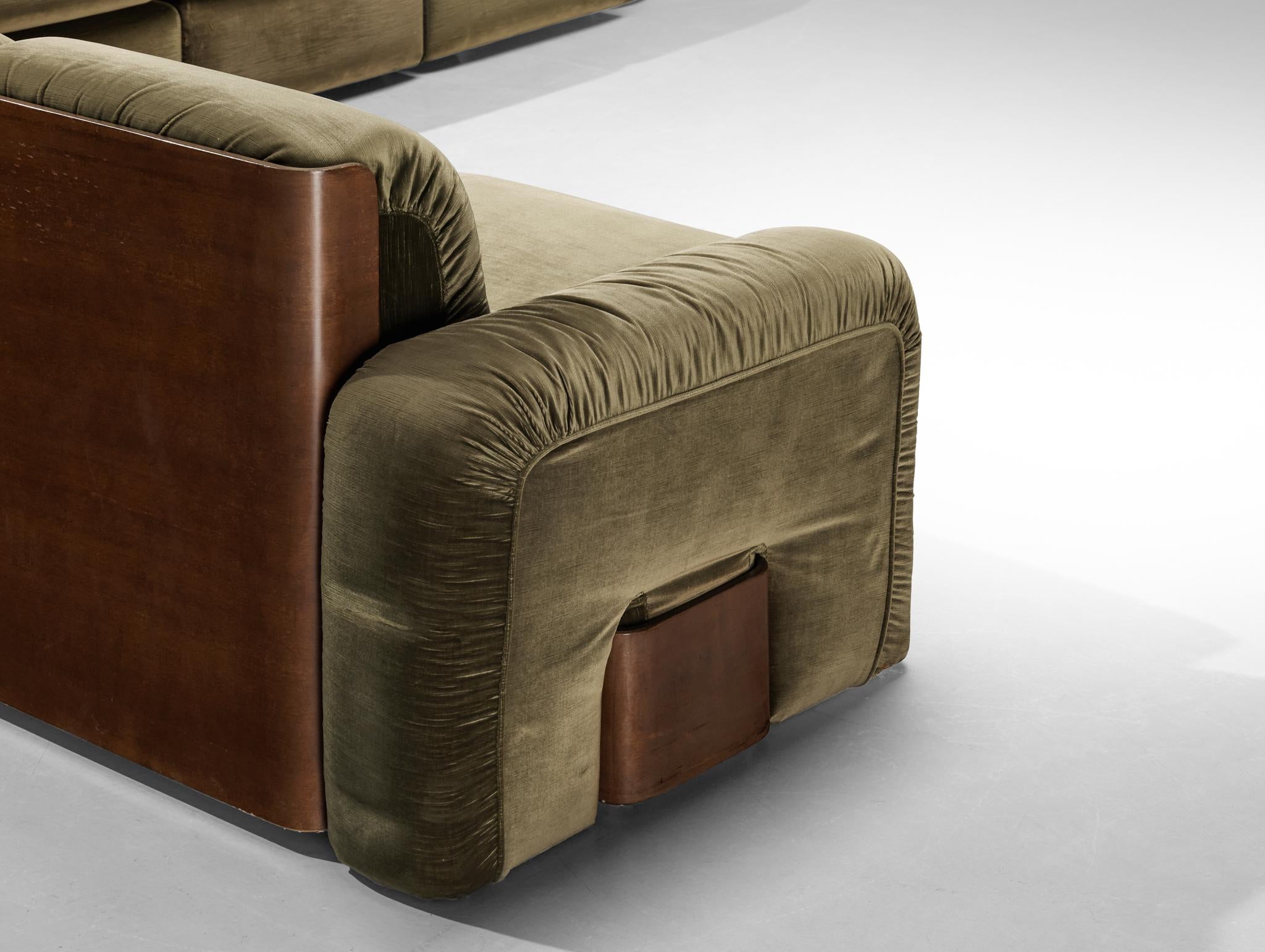 Italian Mid-century Grand Sectional Sofa in Moss Green Fabric seating Morentz