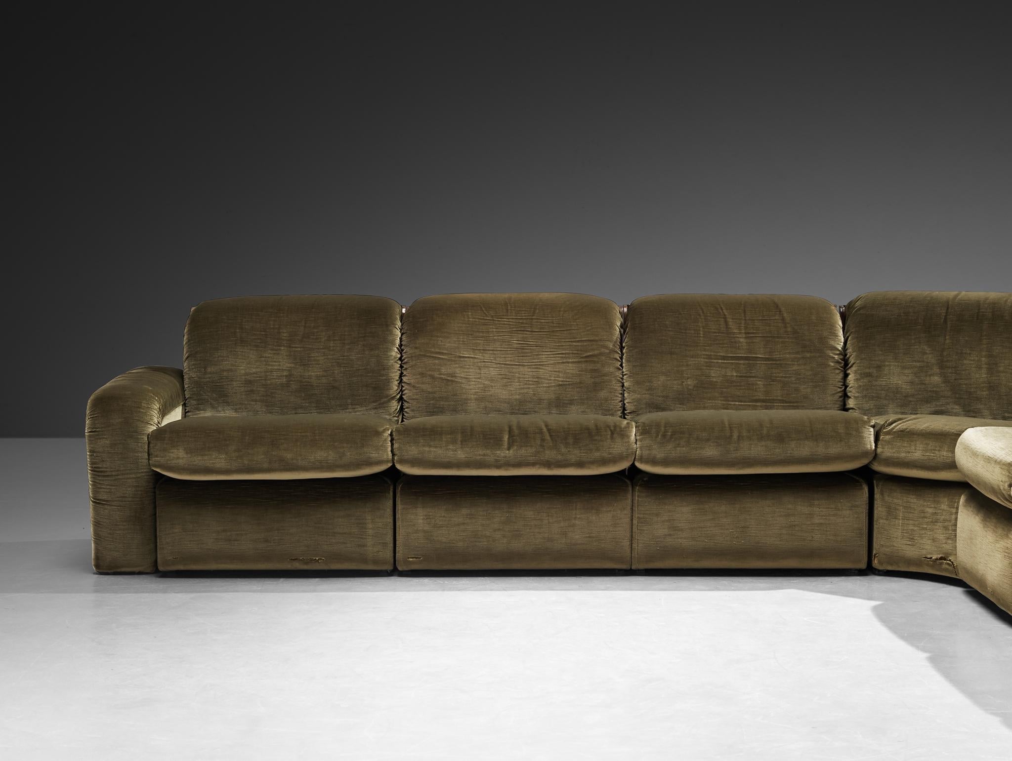 Italian Mid-century Grand Sectional Sofa in Moss Green Fabric seating Morentz