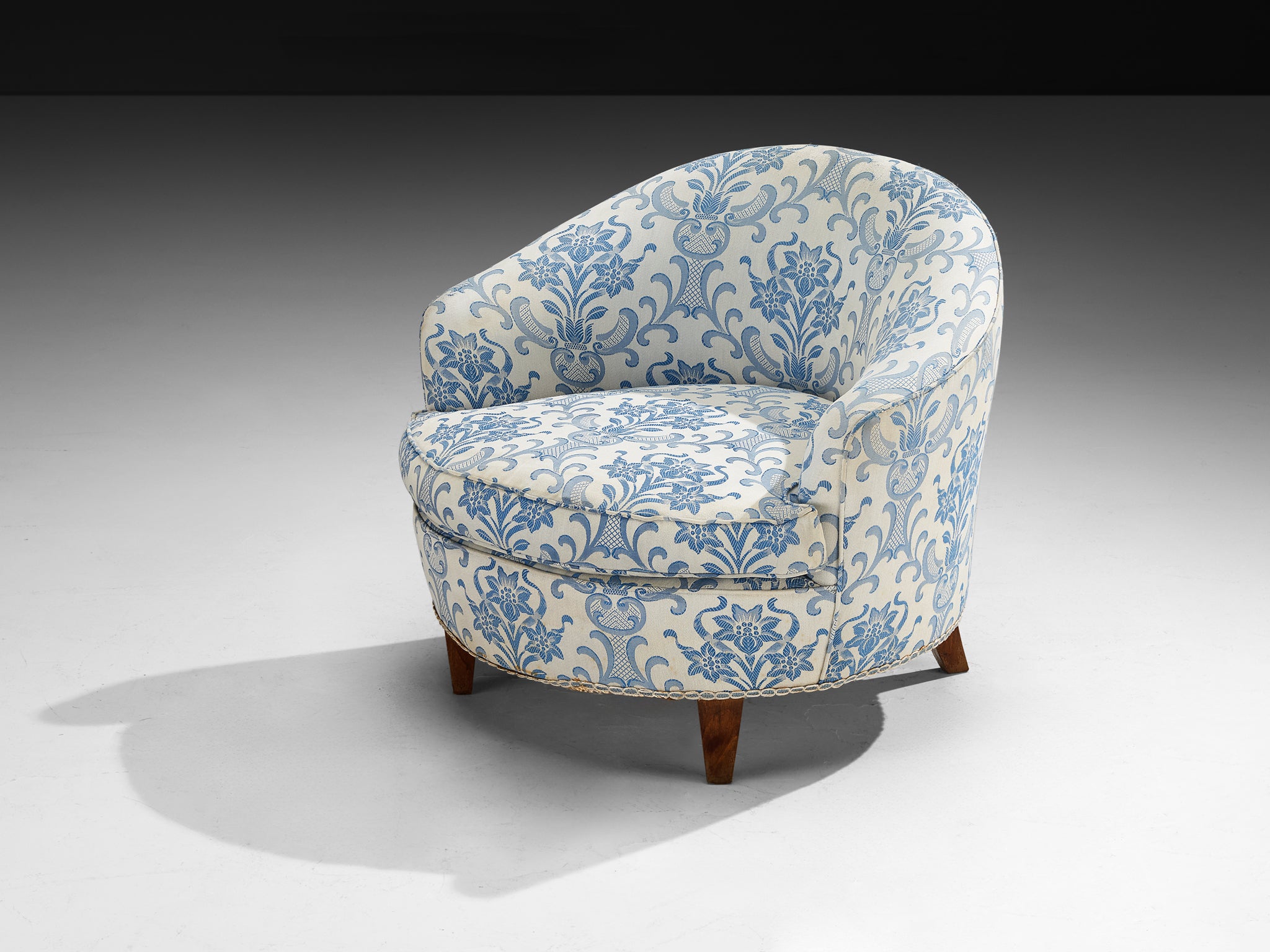 Pair of Charming Italian Mid-Century Lounge Chairs in Light Blue Damask Fabric Seating Morentz