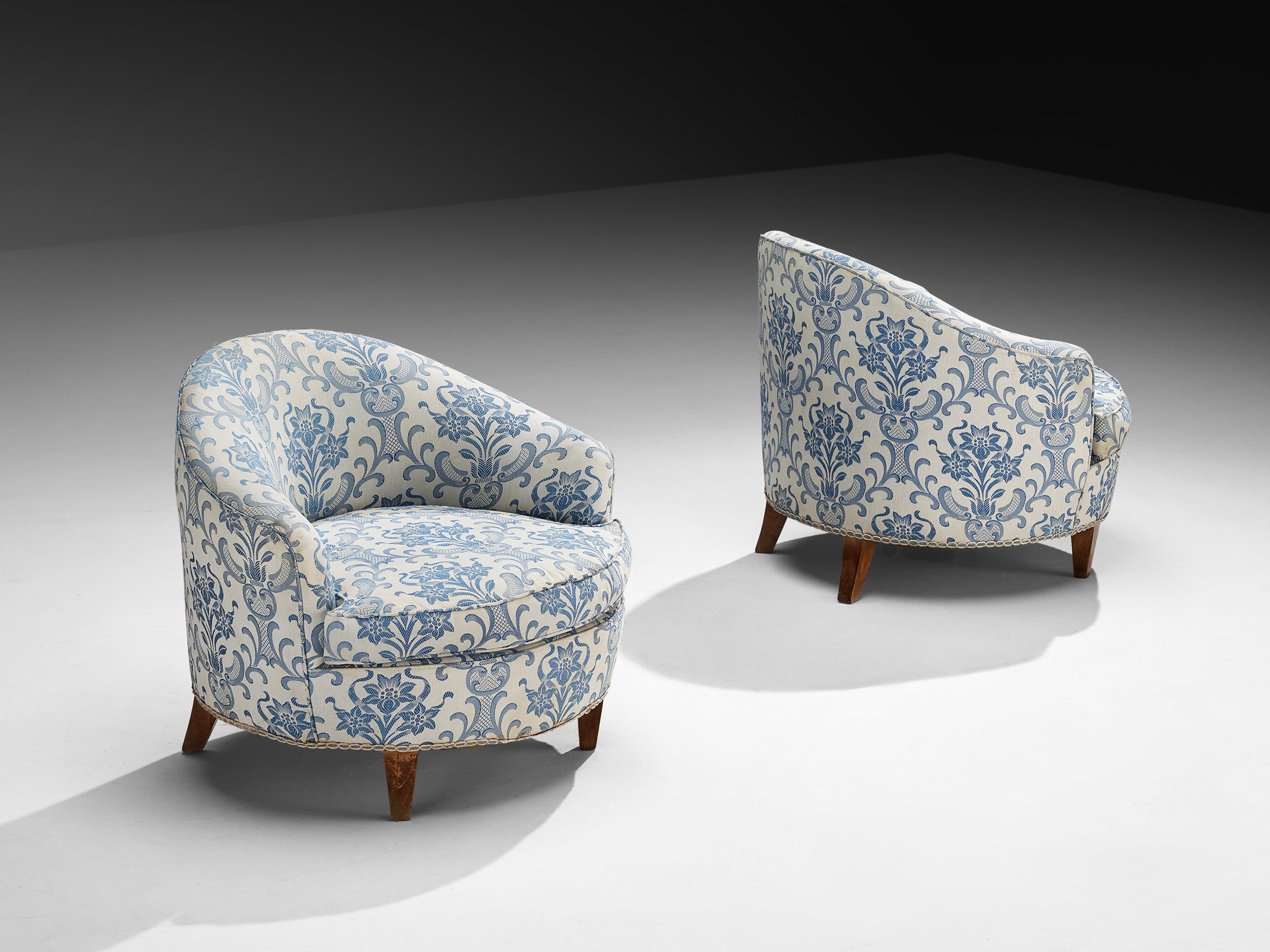 Pair of Charming Italian Mid-Century Lounge Chairs in Light Blue Damask Fabric Seating Morentz