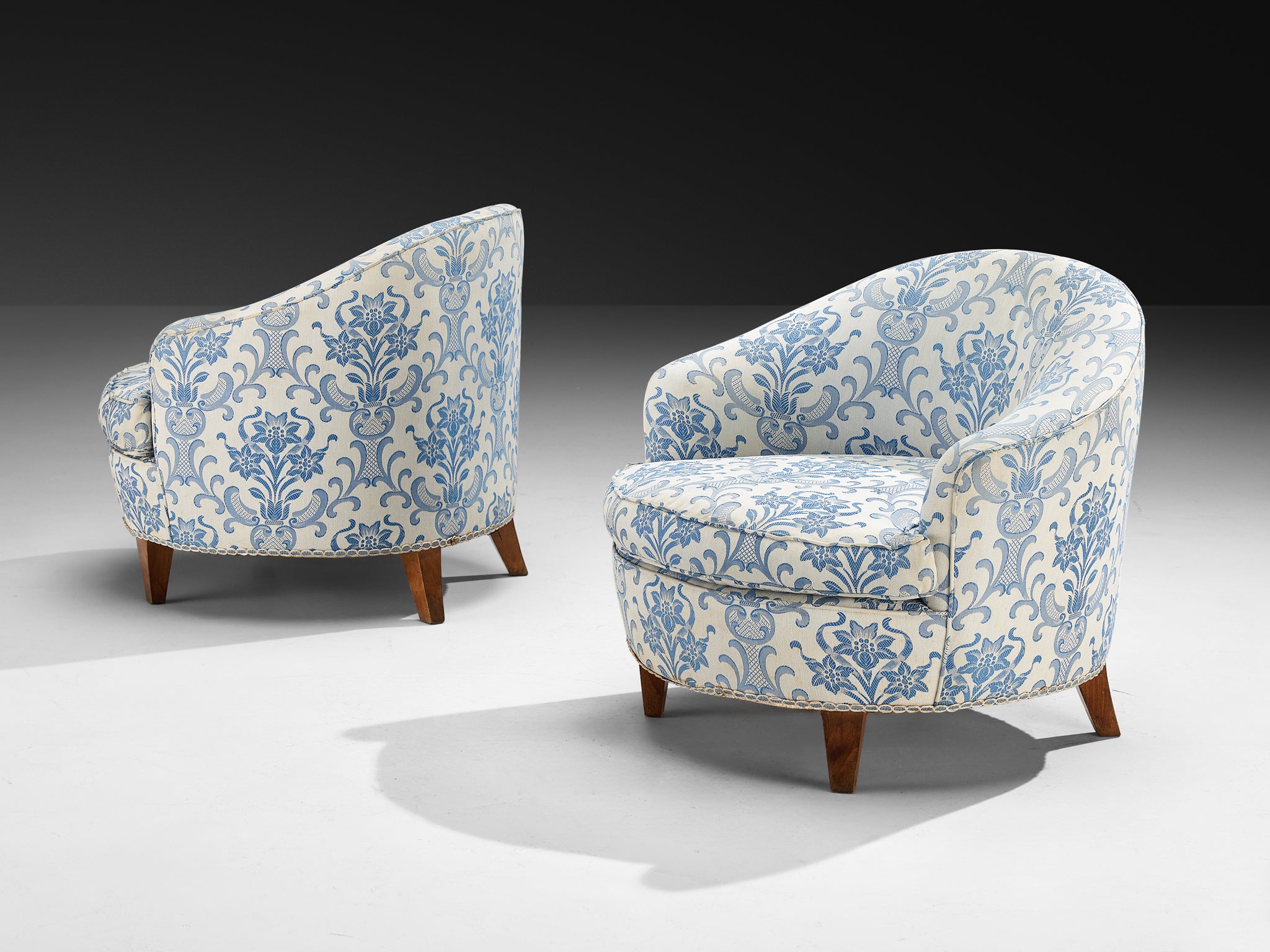 Pair of Charming Italian Mid-Century Lounge Chairs in Light Blue Damask Fabric Seating Morentz