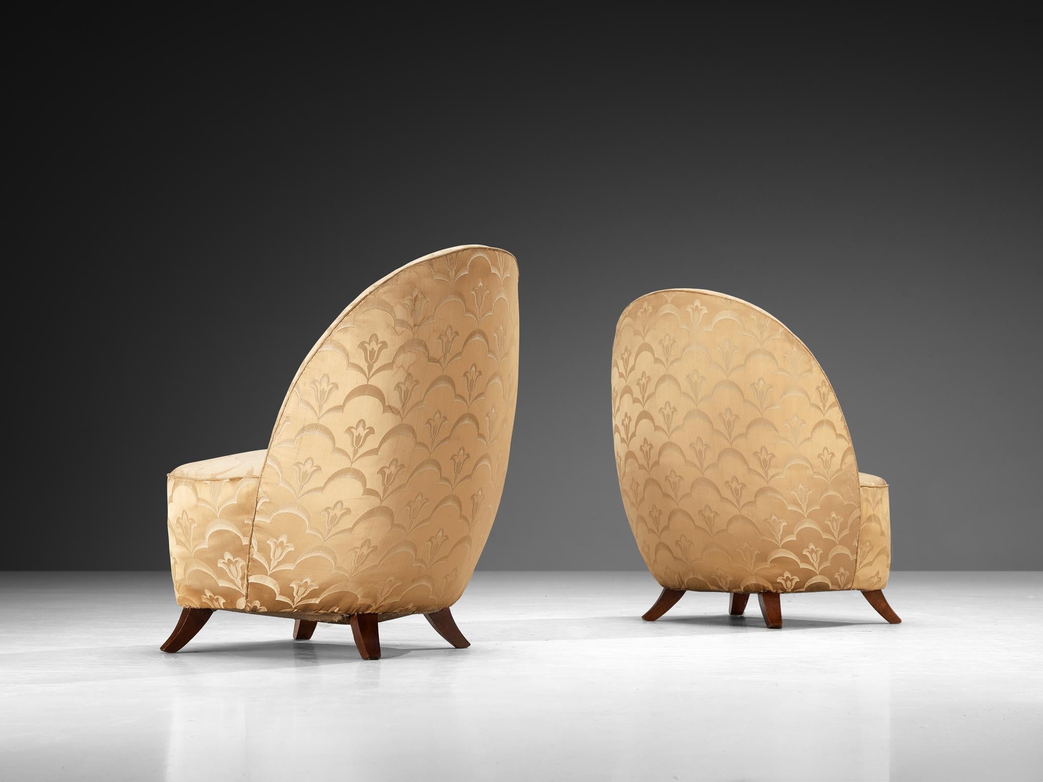 Italian Pair of Sculptural Lounge Chairs in Golden Damask Upholstery seating Morentz