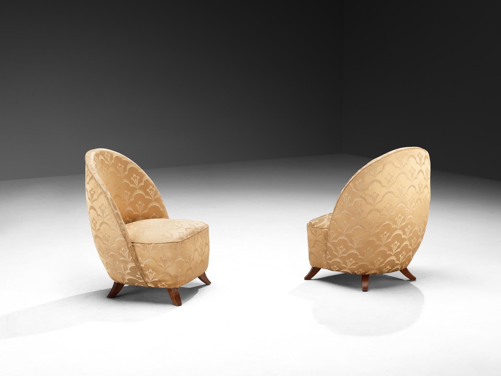 Italian Pair of Sculptural Lounge Chairs in Golden Damask Upholstery seating Morentz