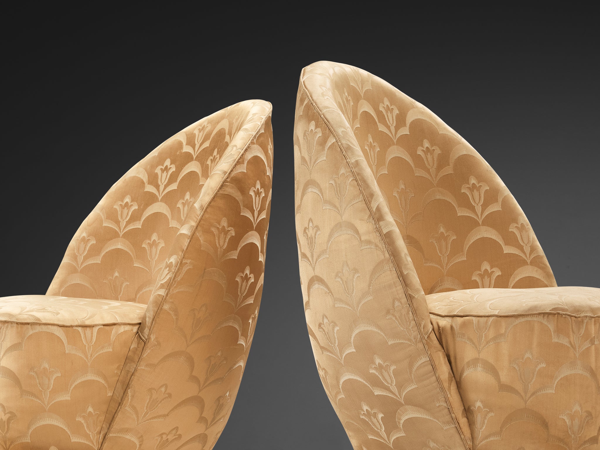 Italian Pair of Sculptural Lounge Chairs in Golden Damask Upholstery Seating Morentz