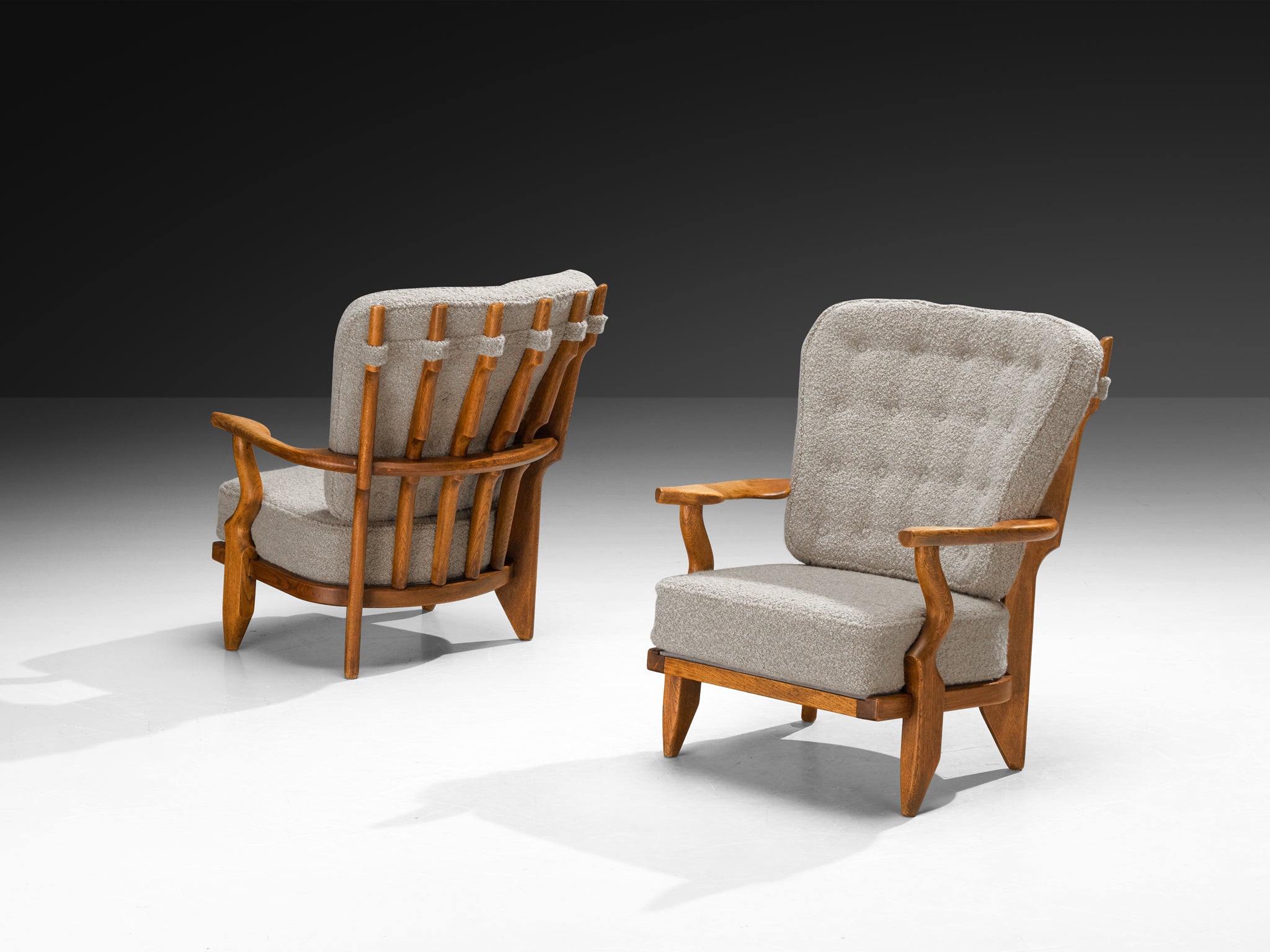 Guillerme & Chambron Pair of 'Petit Repos' Lounge Chairs in Oak and Teddy Fabric Seating Morentz