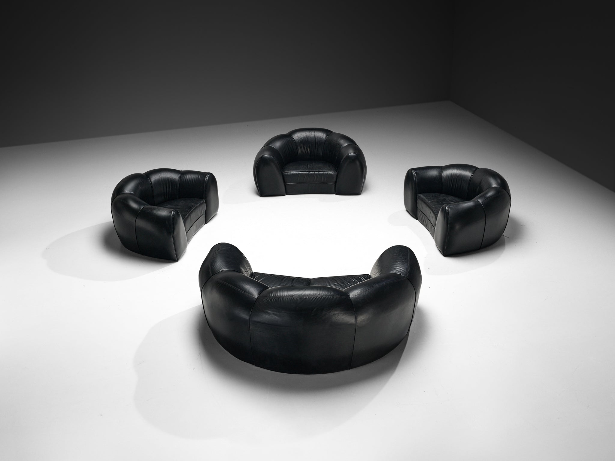 French Bulbous Croissant Shaped Sofa and Lounge Chairs in Black Leather seating Morentz