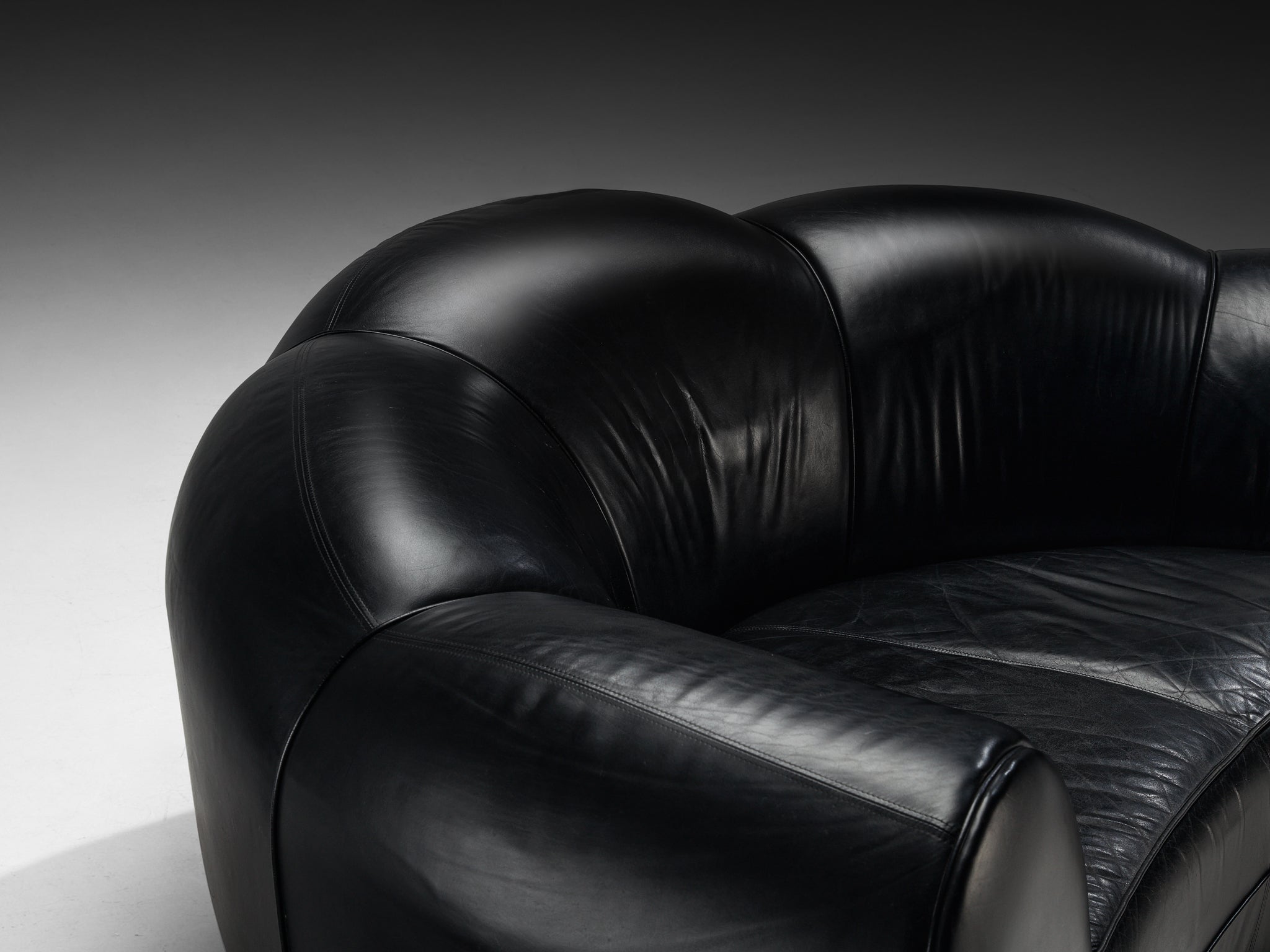 French Bulbous Croissant Shaped Sofa and Lounge Chairs in Black Leather seating Morentz