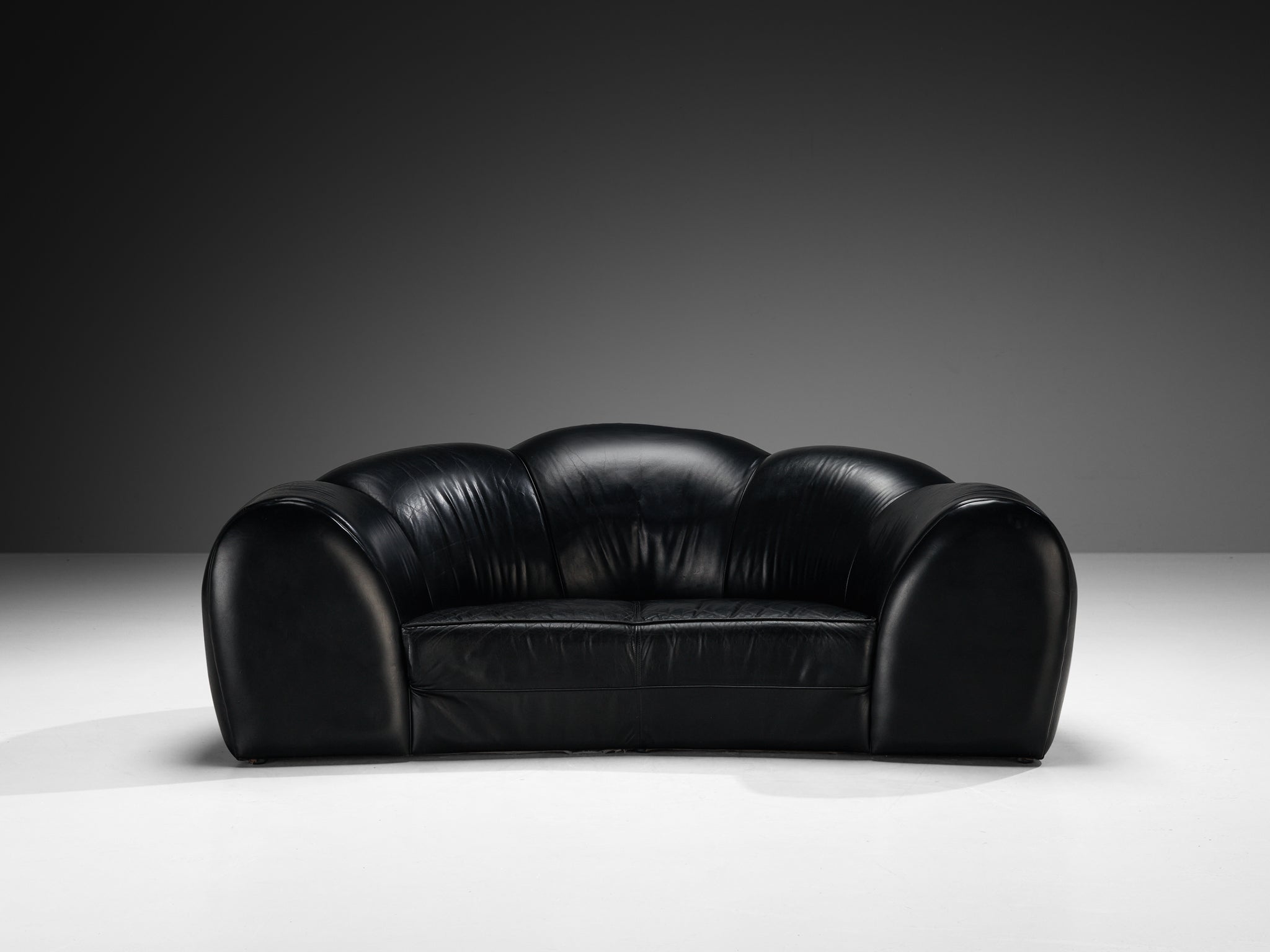 French Bulbous Croissant Shaped Sofa and Lounge Chairs in Black Leather seating Morentz