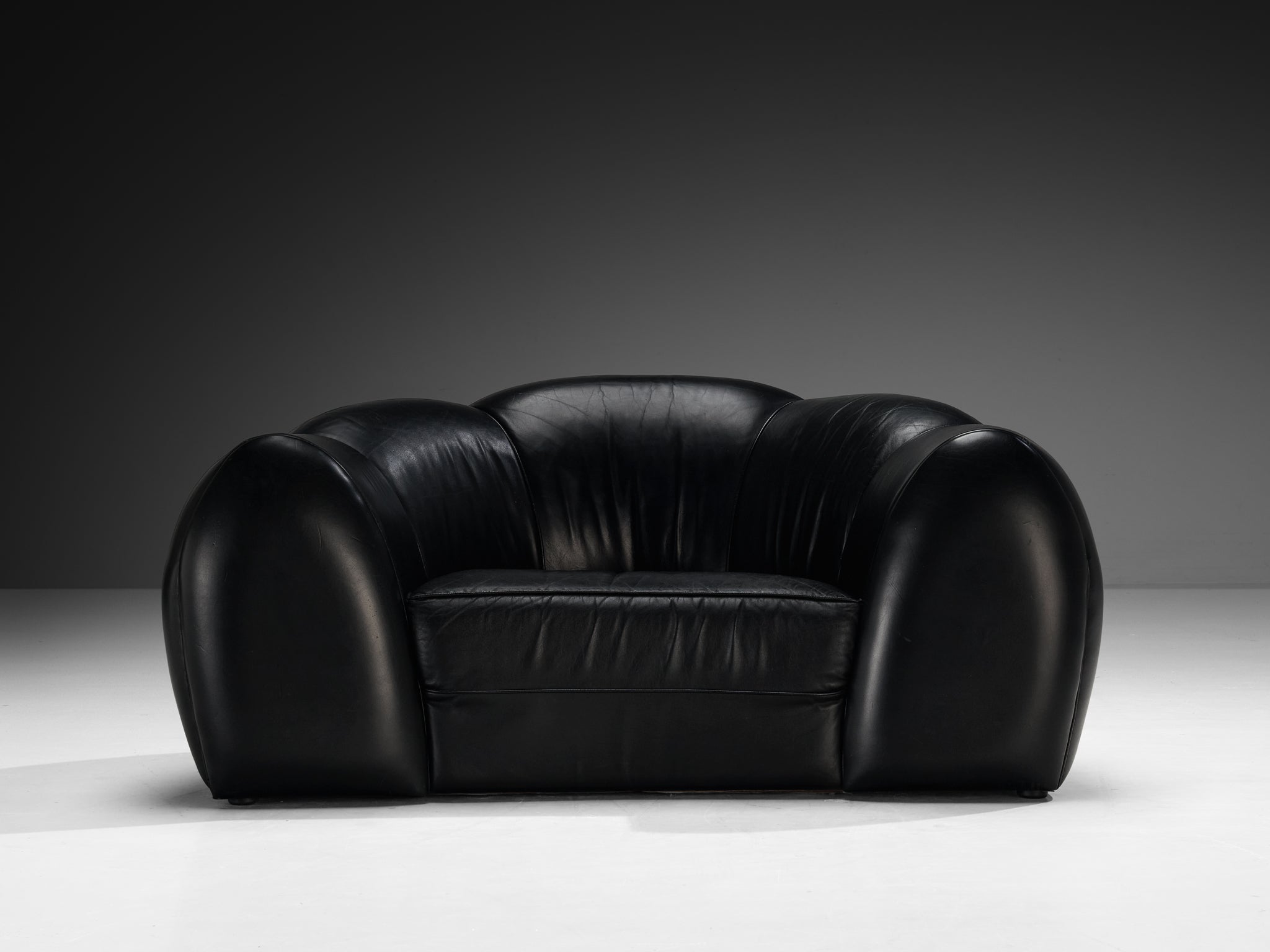 French Bulbous Croissant Shaped Loveseats or Lounge Chairs in Black Leather Seating Morentz