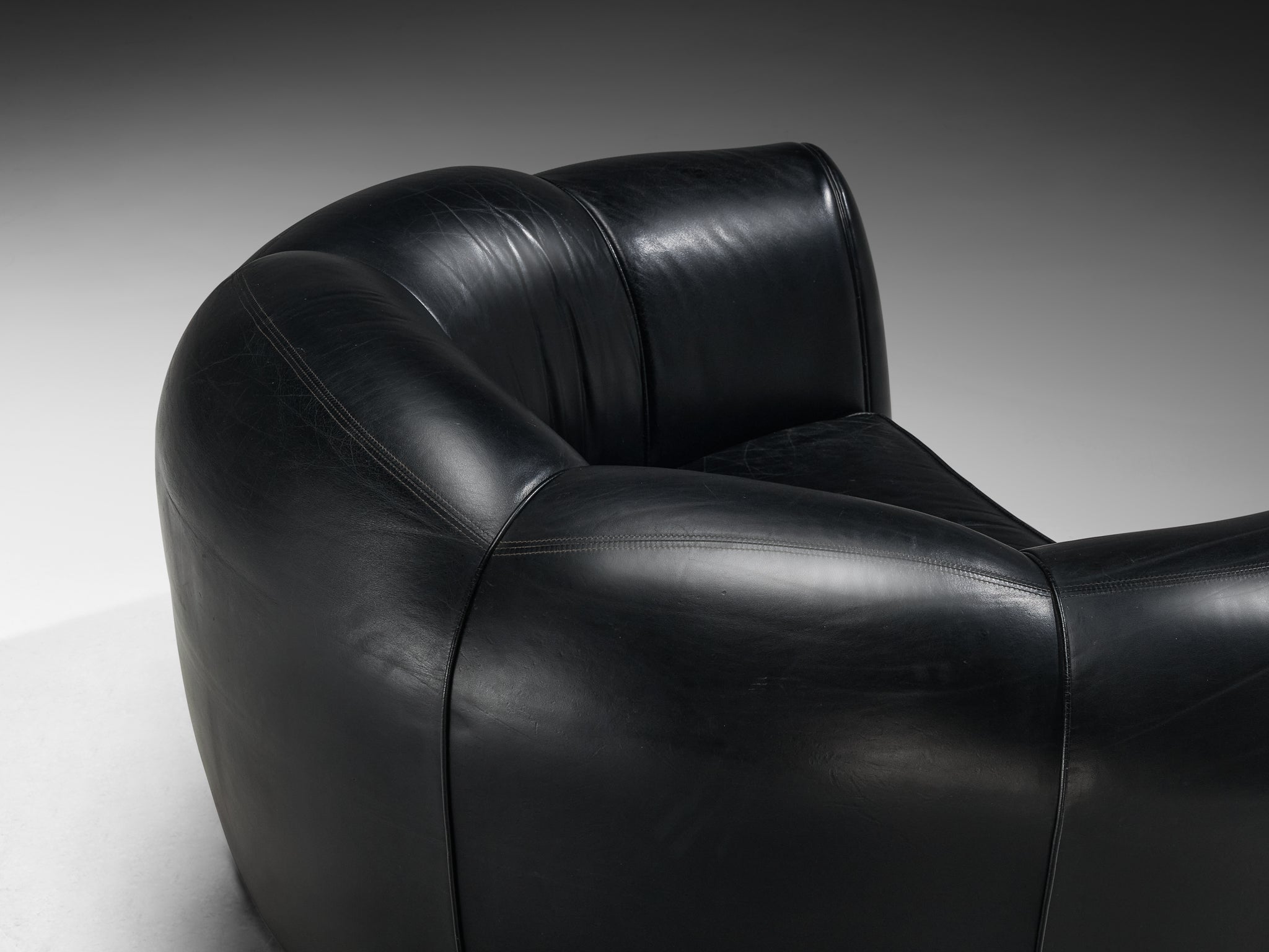 French Bulbous Croissant Shaped Loveseats or Lounge Chairs in Black Leather Seating Morentz