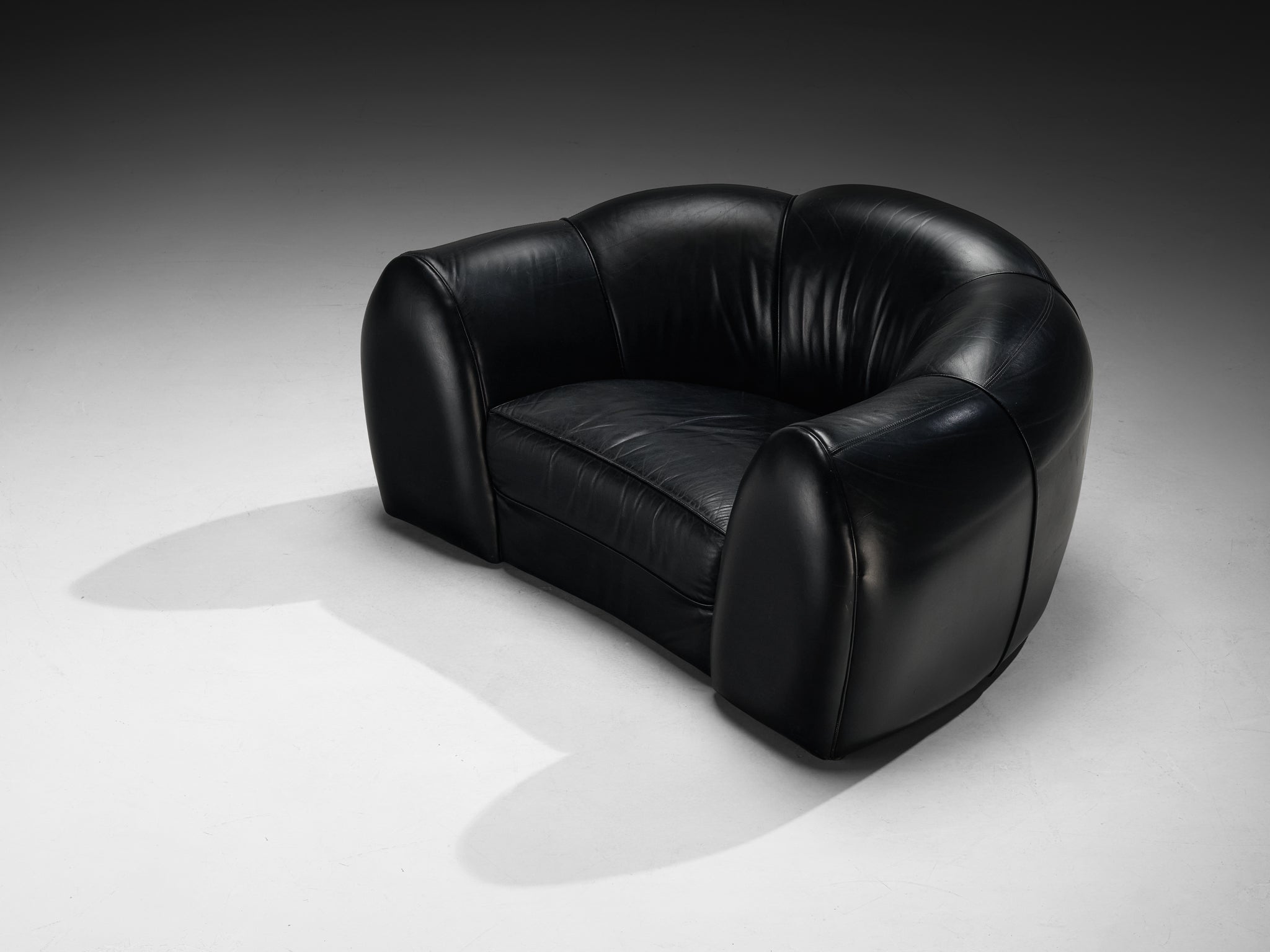 French Bulbous Croissant Shaped Loveseats or Lounge Chairs in Black Leather Seating Morentz