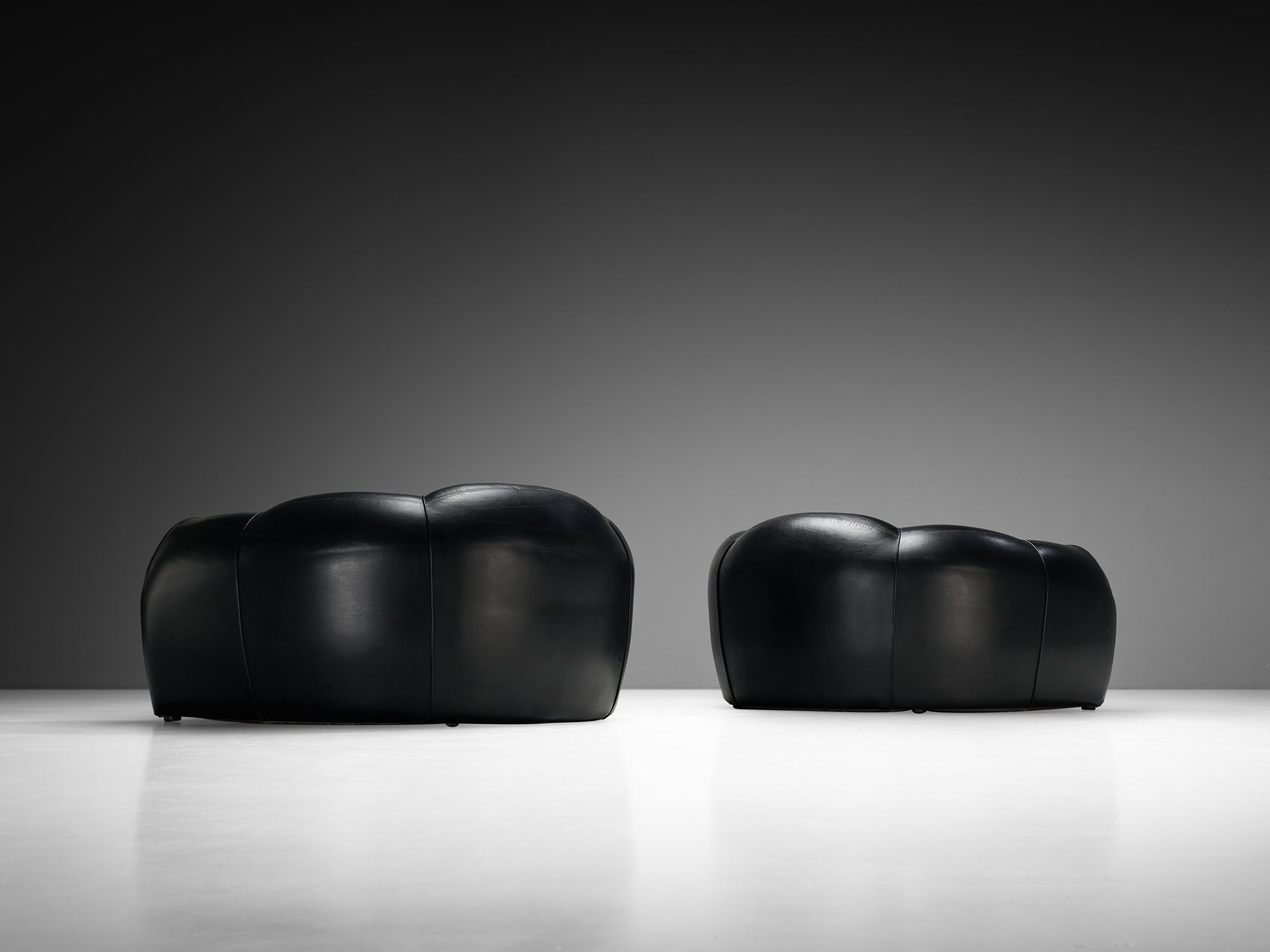 French Bulbous Croissant Shaped Loveseats or Lounge Chairs in Black Leather Seating Morentz