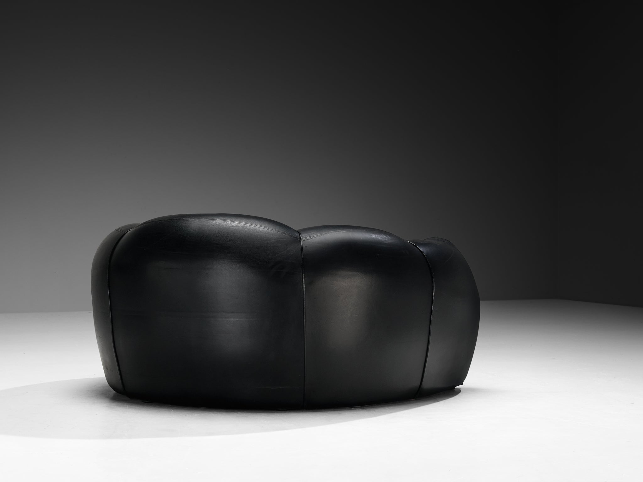 French Bulbous Croissant Shaped Loveseats or Lounge Chairs in Black Leather Seating Morentz