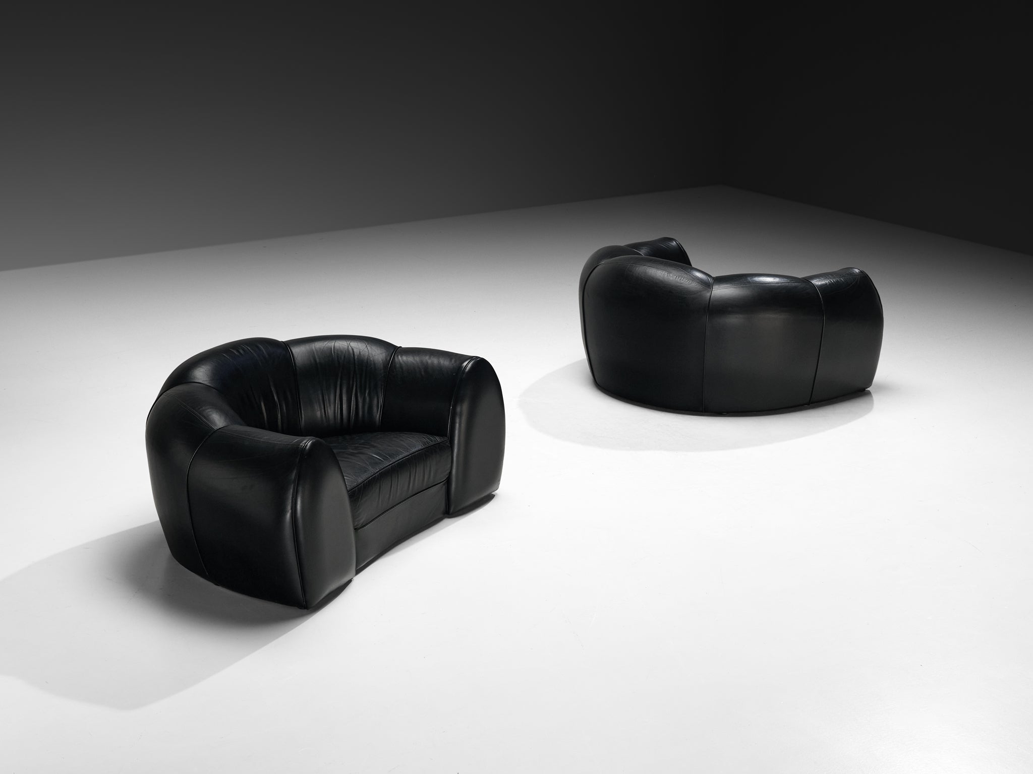 French Bulbous Croissant Shaped Loveseats or Lounge Chairs in Black Leather Seating Morentz