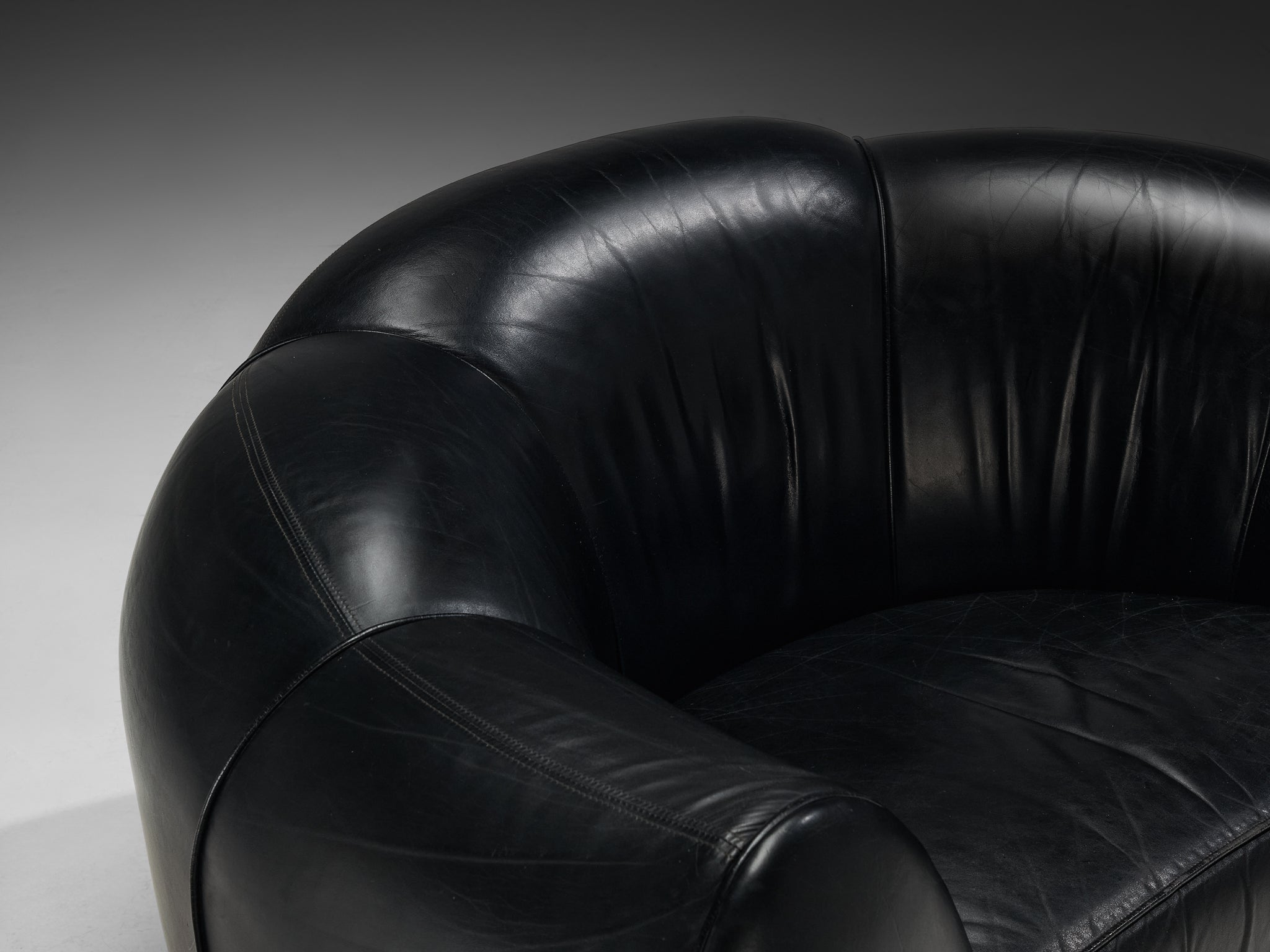 French Bulbous Croissant Shaped Loveseats or Lounge Chairs in Black Leather Seating Morentz