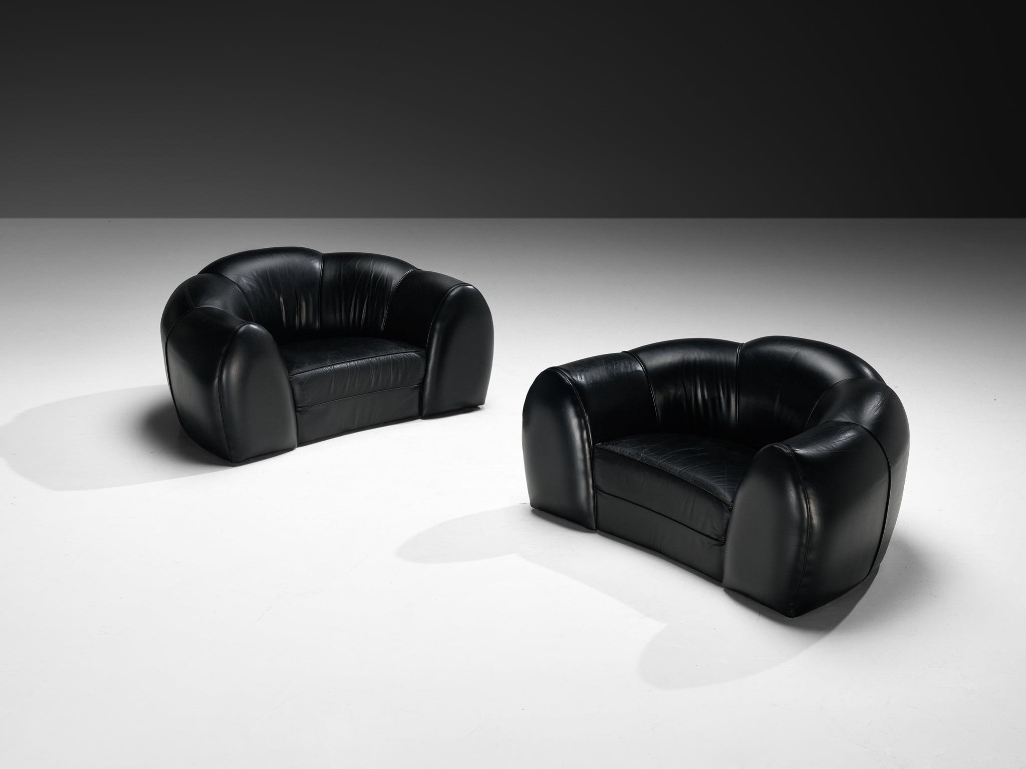 French Bulbous Croissant Shaped Loveseats or Lounge Chairs in Black Leather Seating Morentz