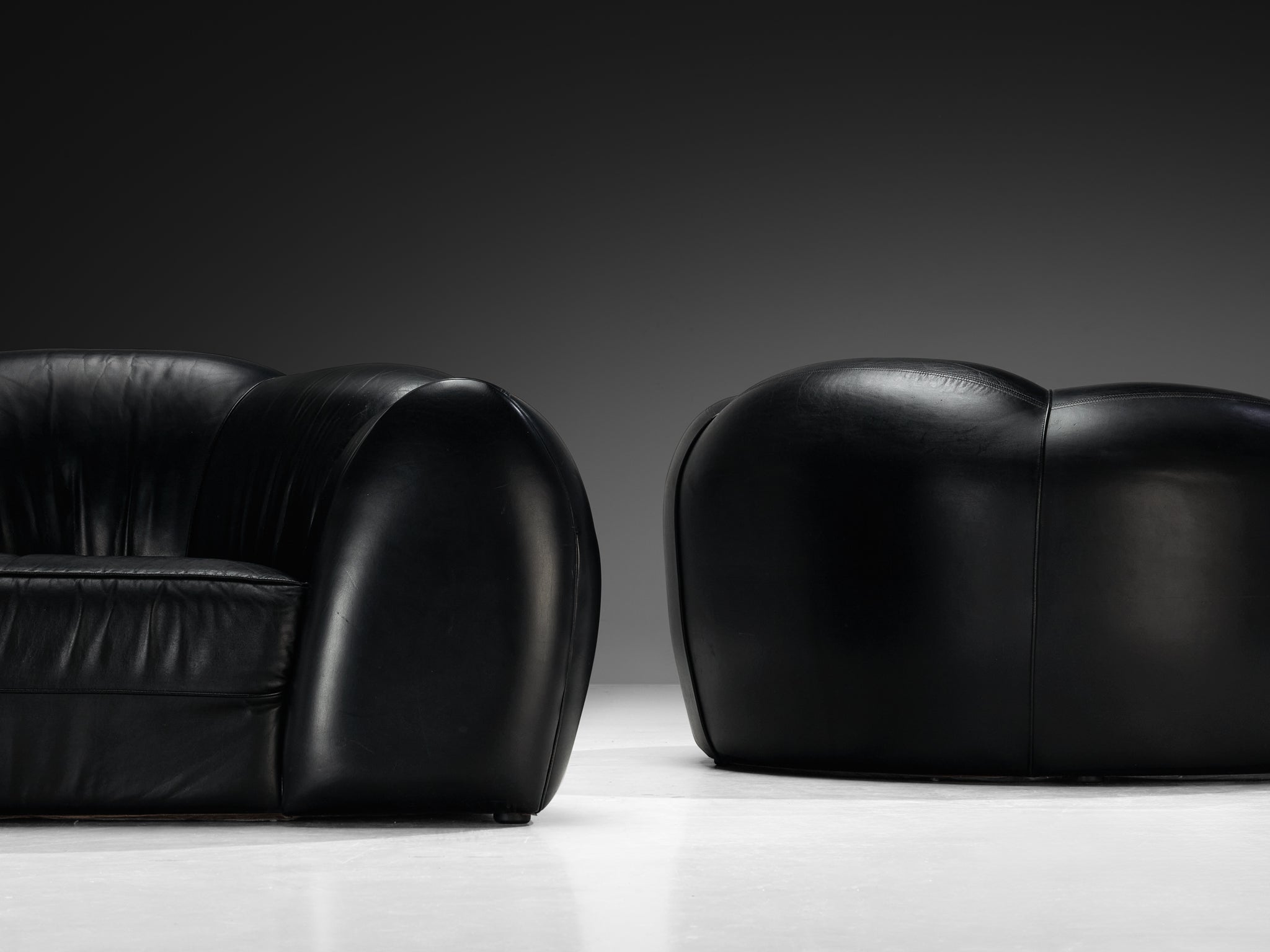 French Bulbous Croissant Shaped Loveseats or Lounge Chairs in Black Leather Seating Morentz