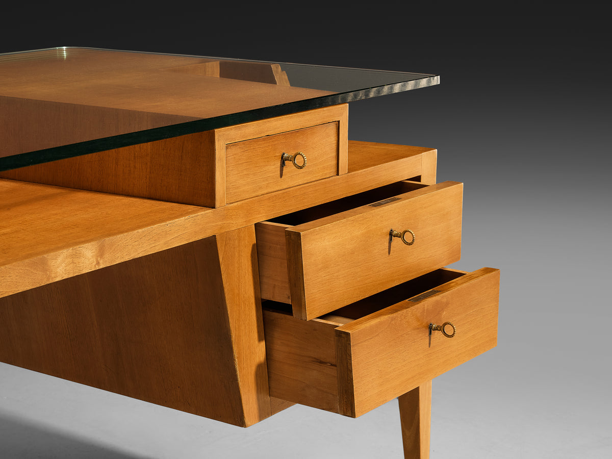 Italian Mid-Century Modern Desk in Walnut with Floating Glass Top Tables Morentz