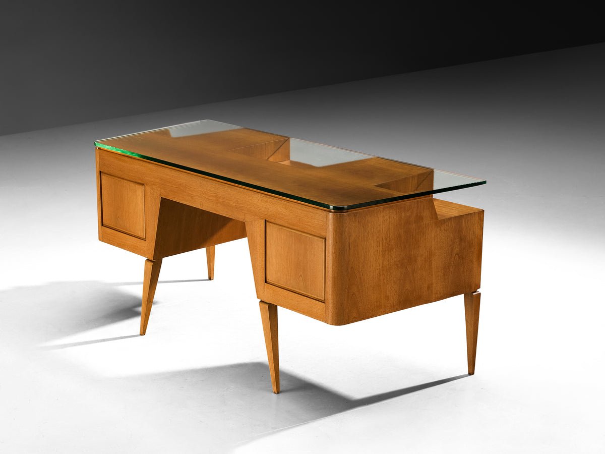 Italian Mid-Century Modern Desk in Walnut with Floating Glass Top Tables Morentz