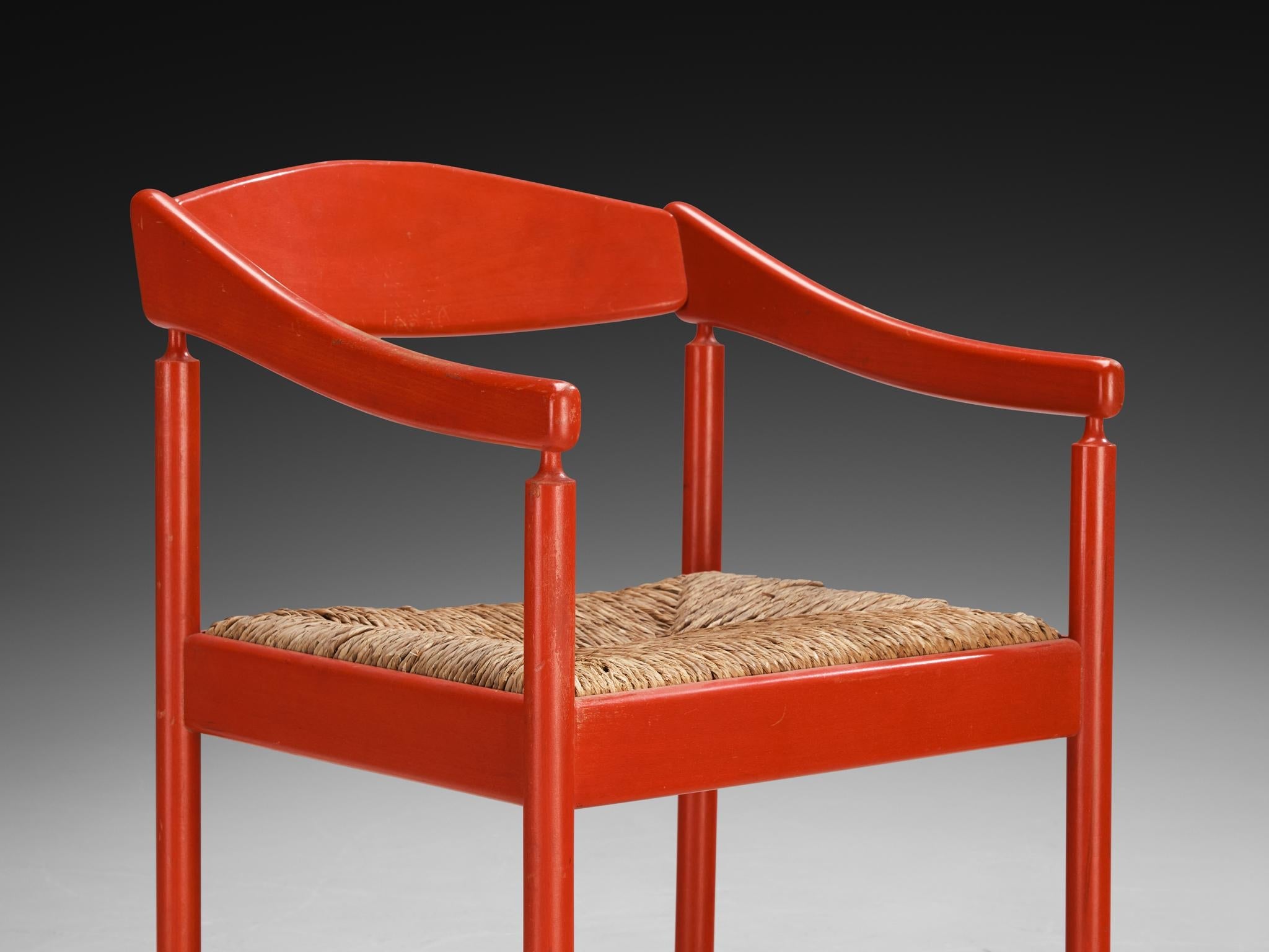 Thonet Pair of Armchairs with Red Lacquered Frame and Rush Seats seating Morentz