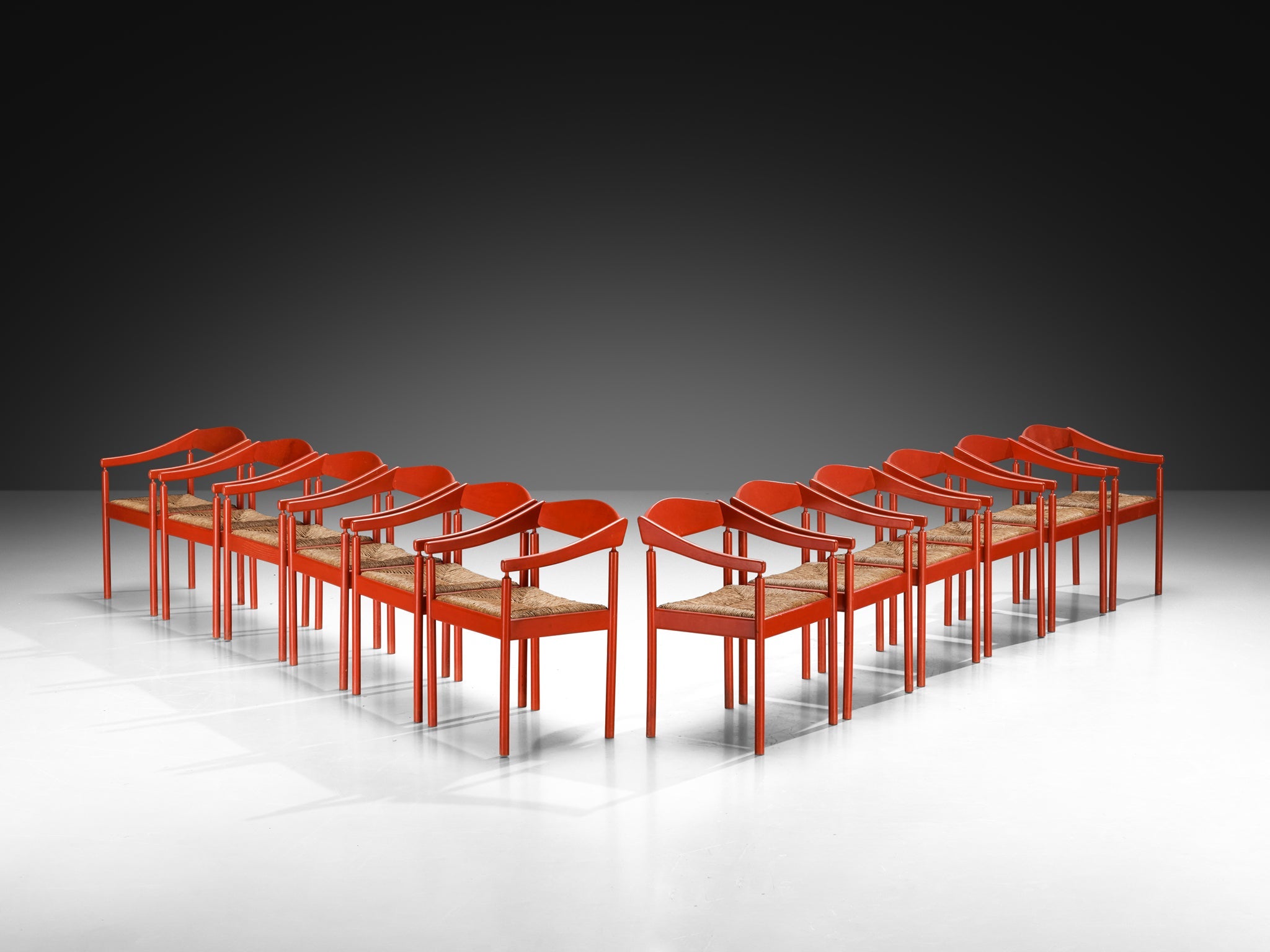 Thonet Set of Twelve Armchairs with Red Lacquered Frame and Rush Seats seating Morentz