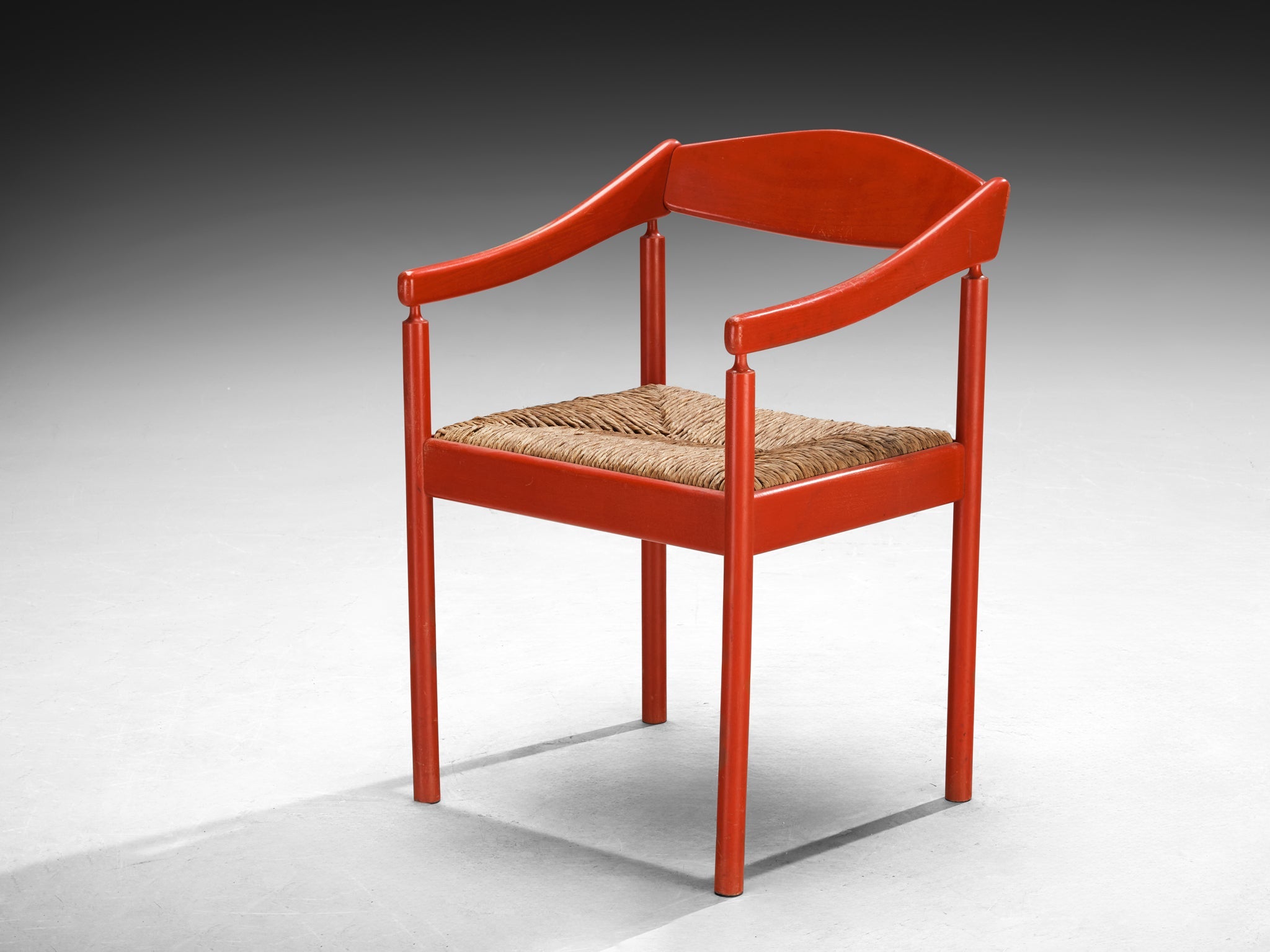 Thonet Set of Twelve Armchairs with Red Lacquered Frame and Rush Seats seating Morentz