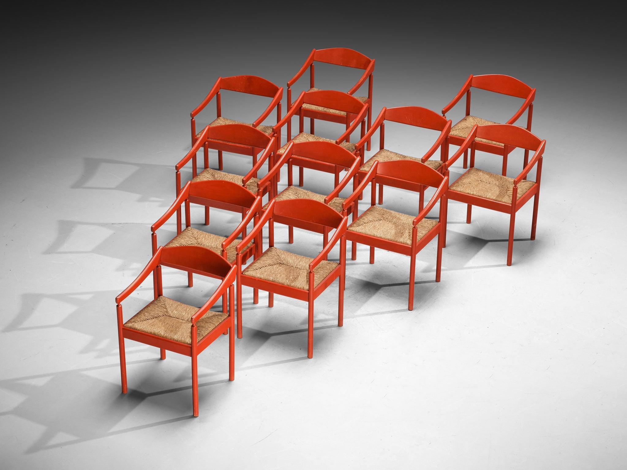 Thonet Set of Twelve Armchairs with Red Lacquered Frame and Rush Seats seating Morentz