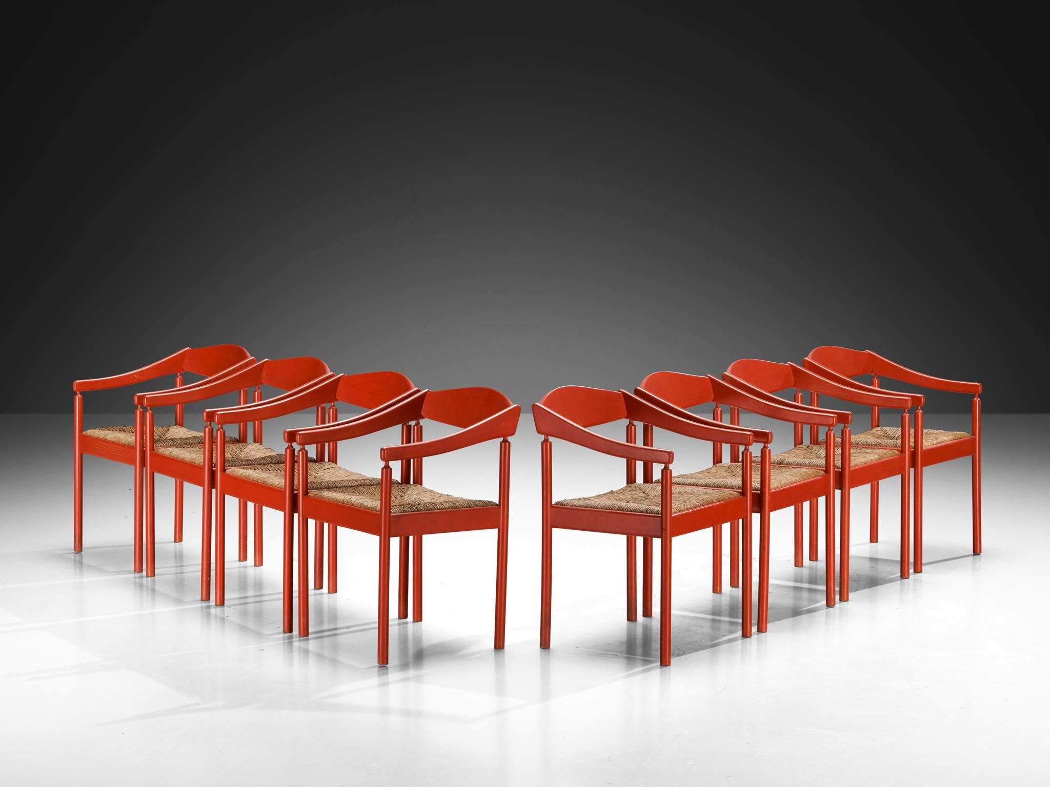 Thonet Set of Eight Armchairs with Red Lacquered Frame and Rush Seats seating Morentz