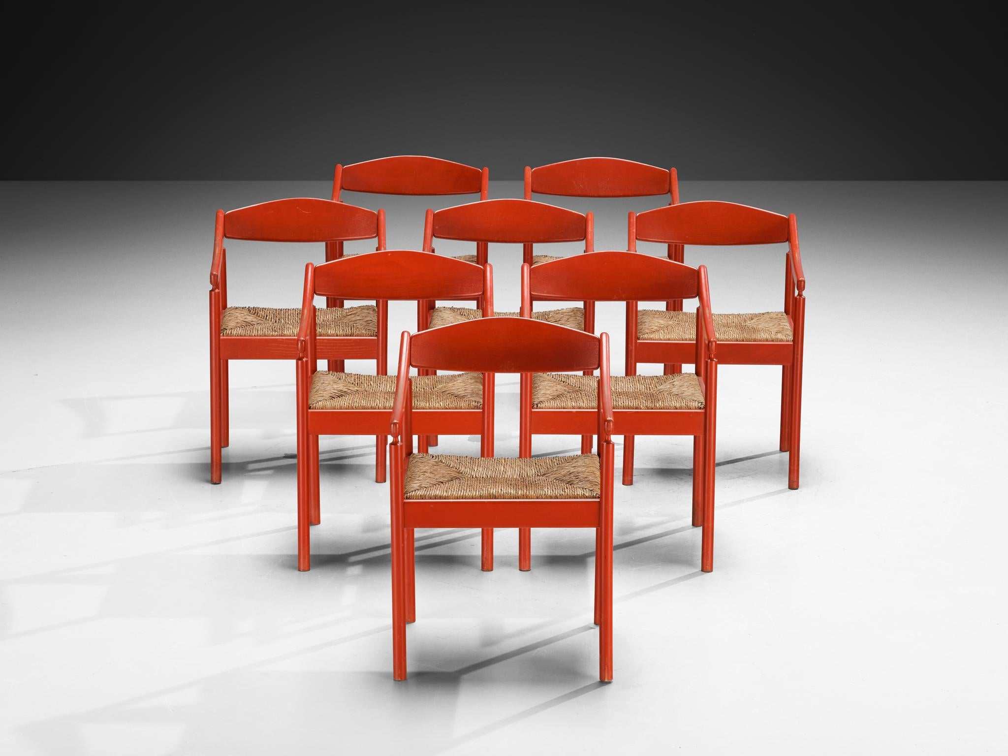 Thonet Set of Eight Armchairs with Red Lacquered Frame and Rush Seats seating Morentz