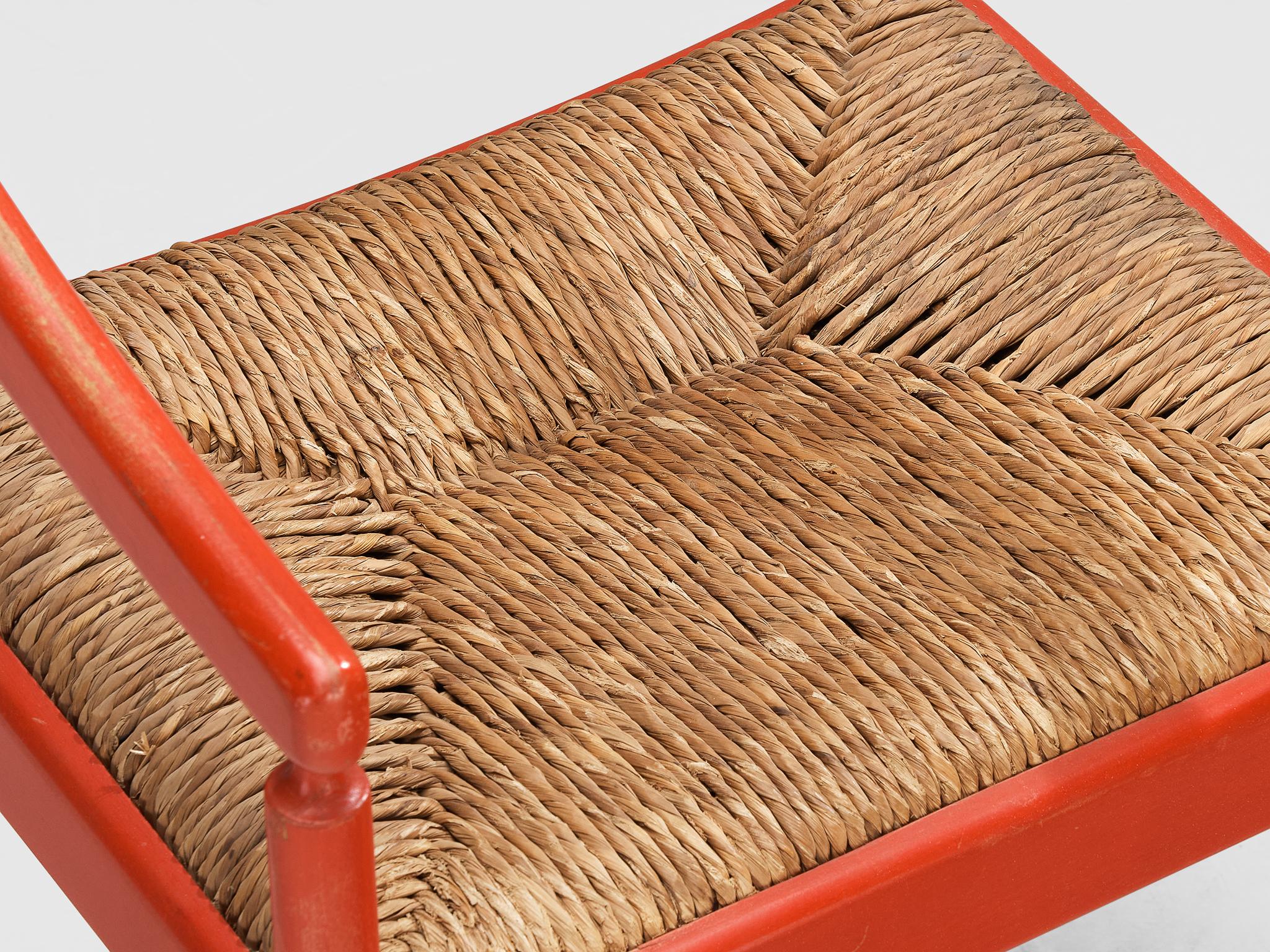 Thonet Set of Eight Armchairs with Red Lacquered Frame and Rush Seats seating Morentz