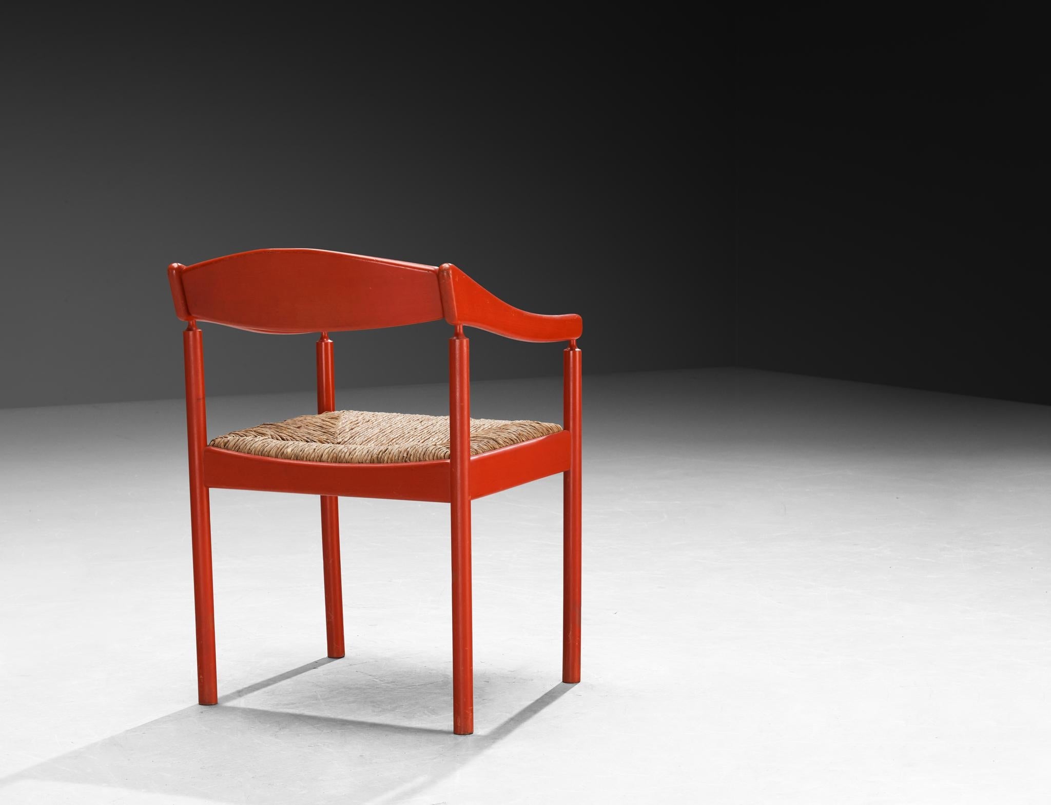 Thonet Set of Eight Armchairs with Red Lacquered Frame and Rush Seats seating Morentz