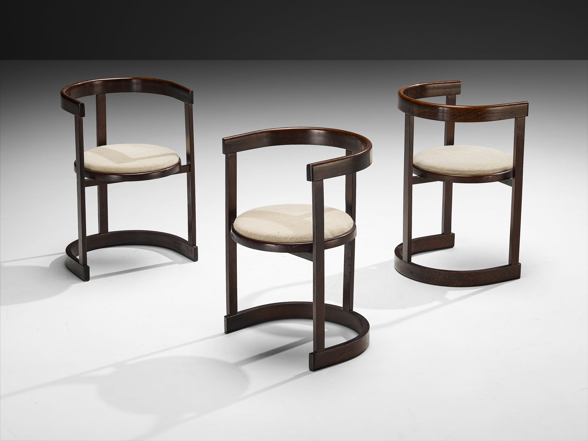 Italian Set of Six Dining Chairs in Stained Wood and Off-White Upholstery Seating Morentz