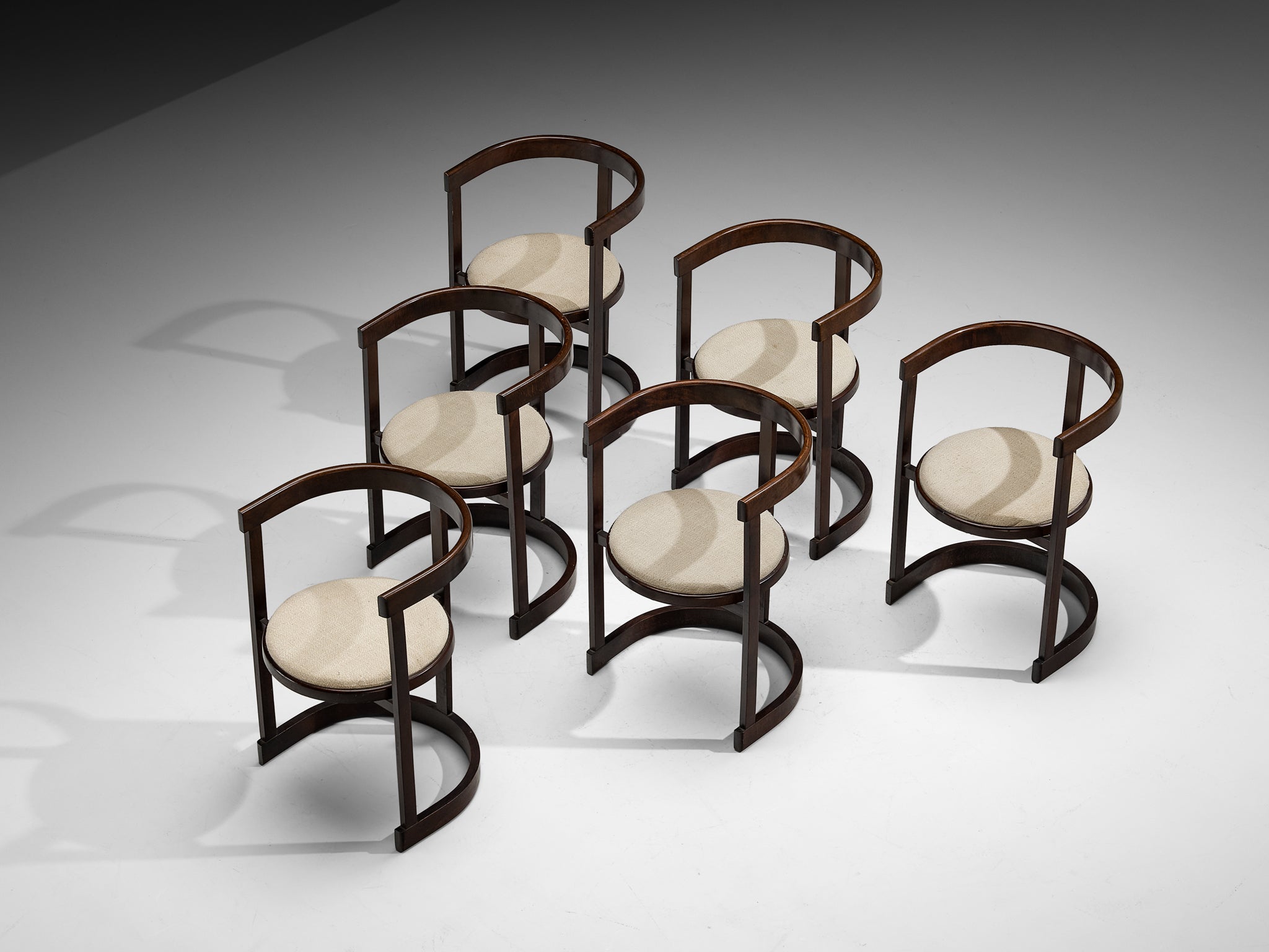 Italian Set of Six Dining Chairs in Stained Wood and Off-White Upholstery Seating Morentz