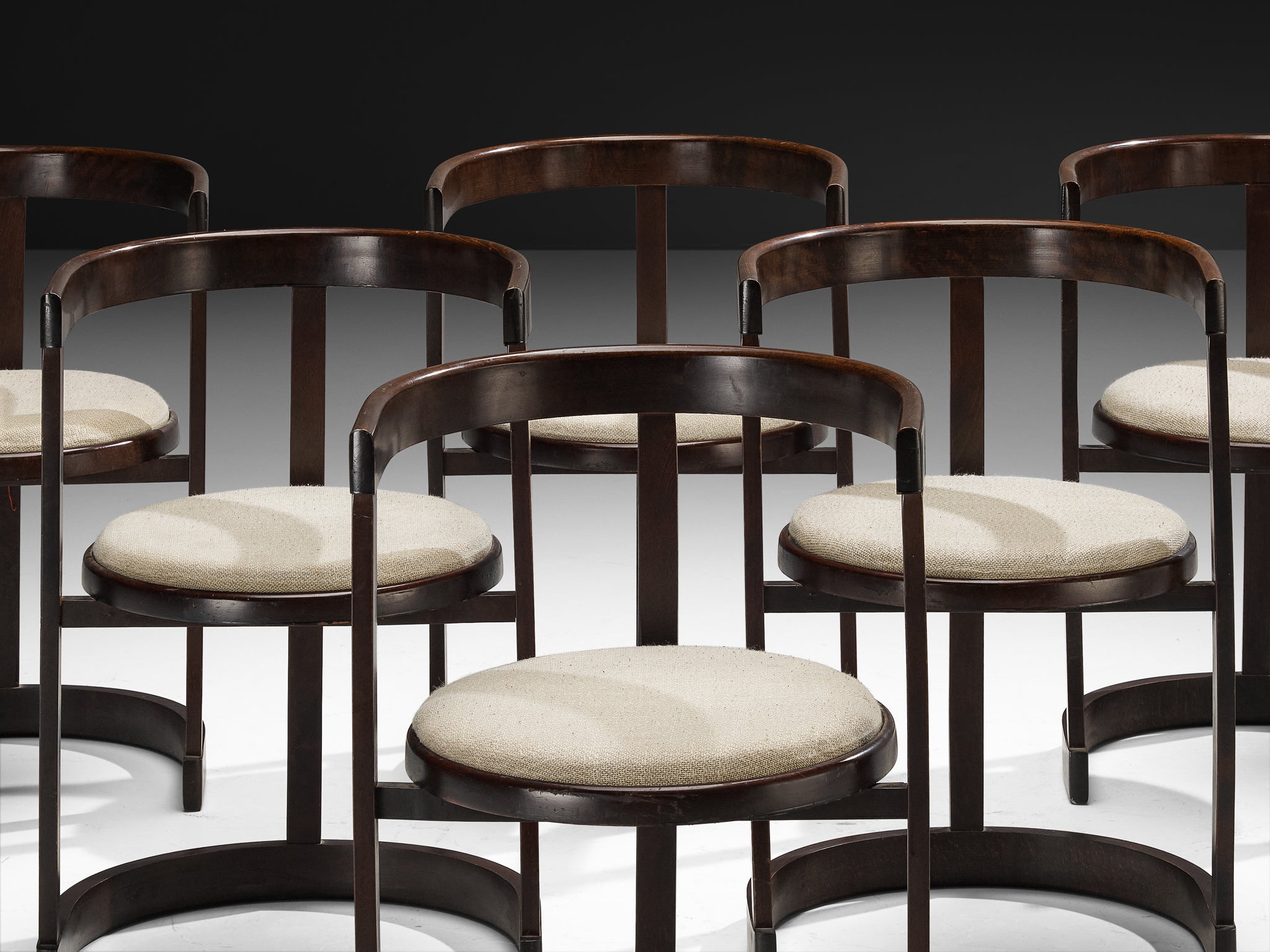 Italian Set of Six Dining Chairs in Stained Wood and Off-White Upholstery Seating Morentz