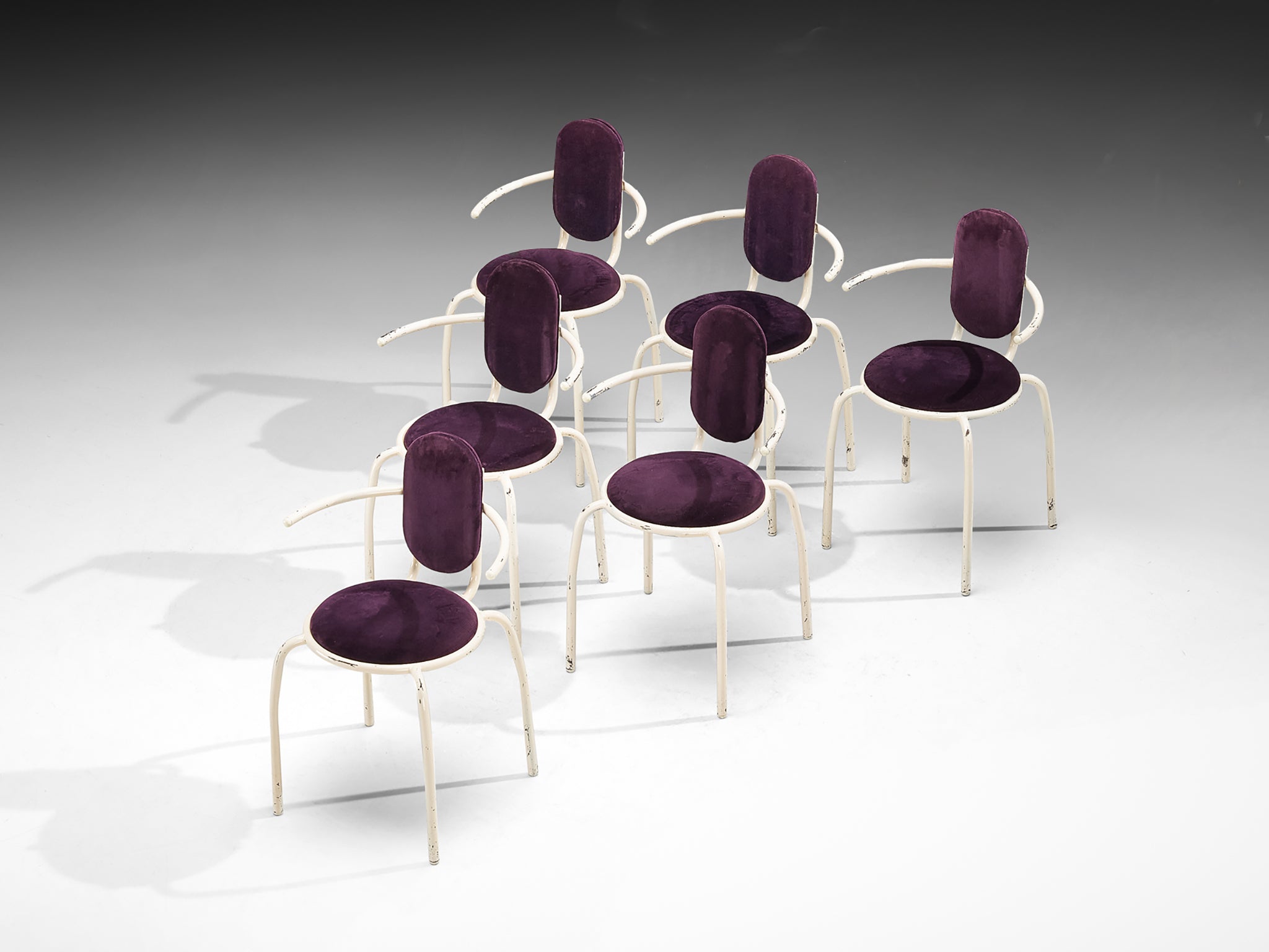 Italian Post-Modern Set of Six Armchairs in Purple Corduroy and Lacquered Steel Seating Morentz