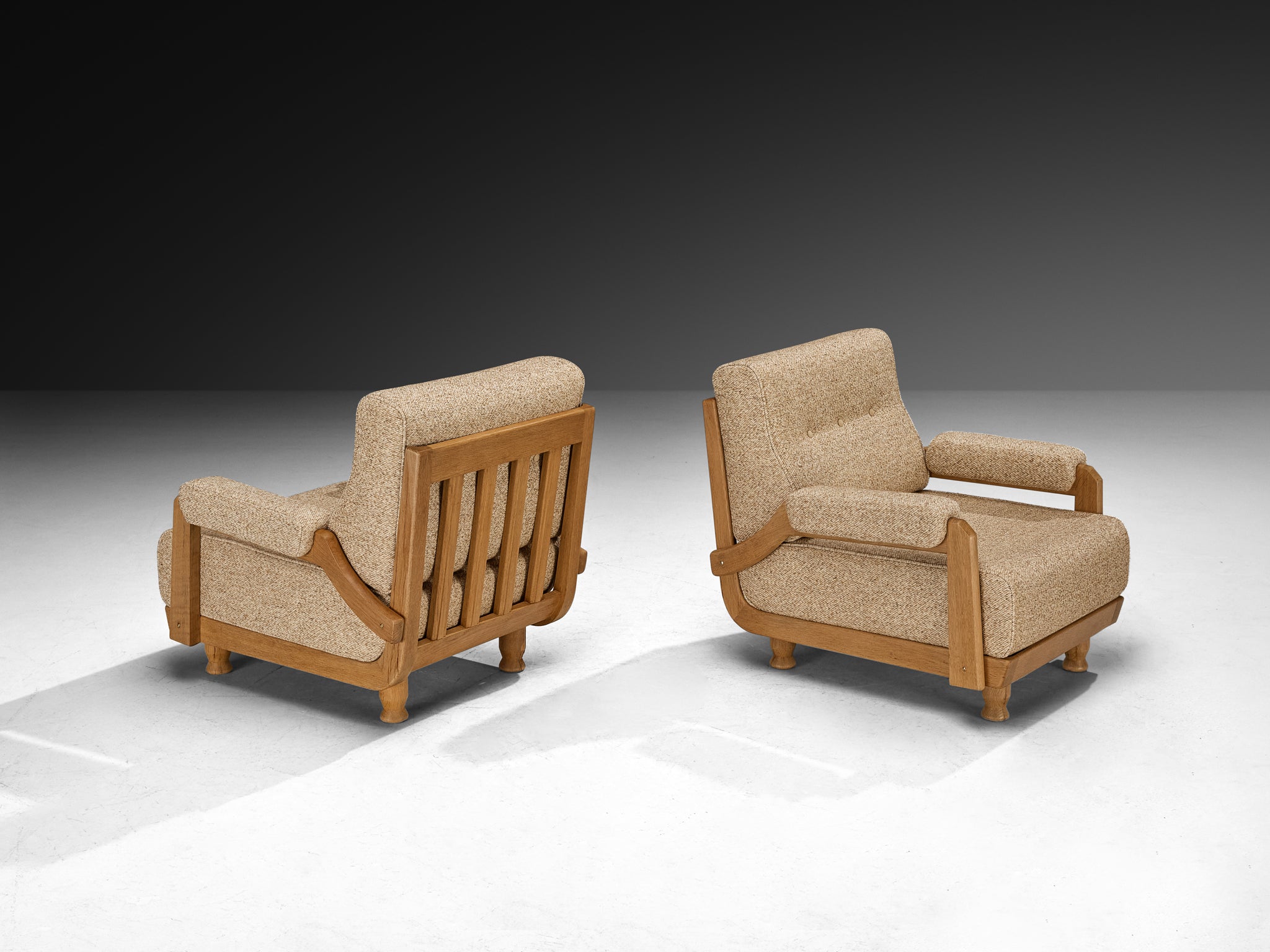 Guillerme & Chambron Pair of Lounge Chairs in Solid Oak and Beige Wool Seating Morentz