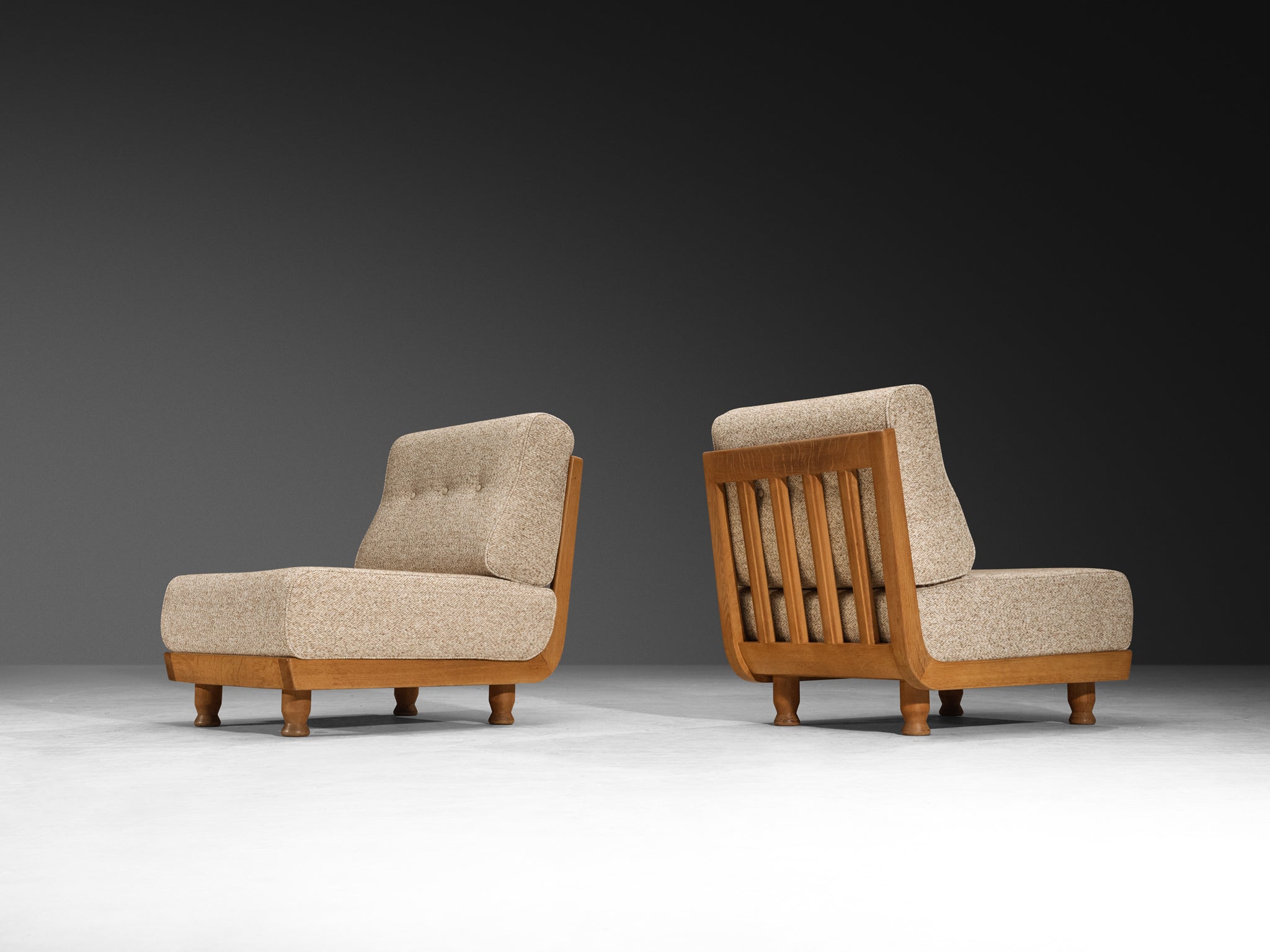 Guillerme & Chambron Lounge Chairs in Solid Oak and Beige Wool Seating Morentz