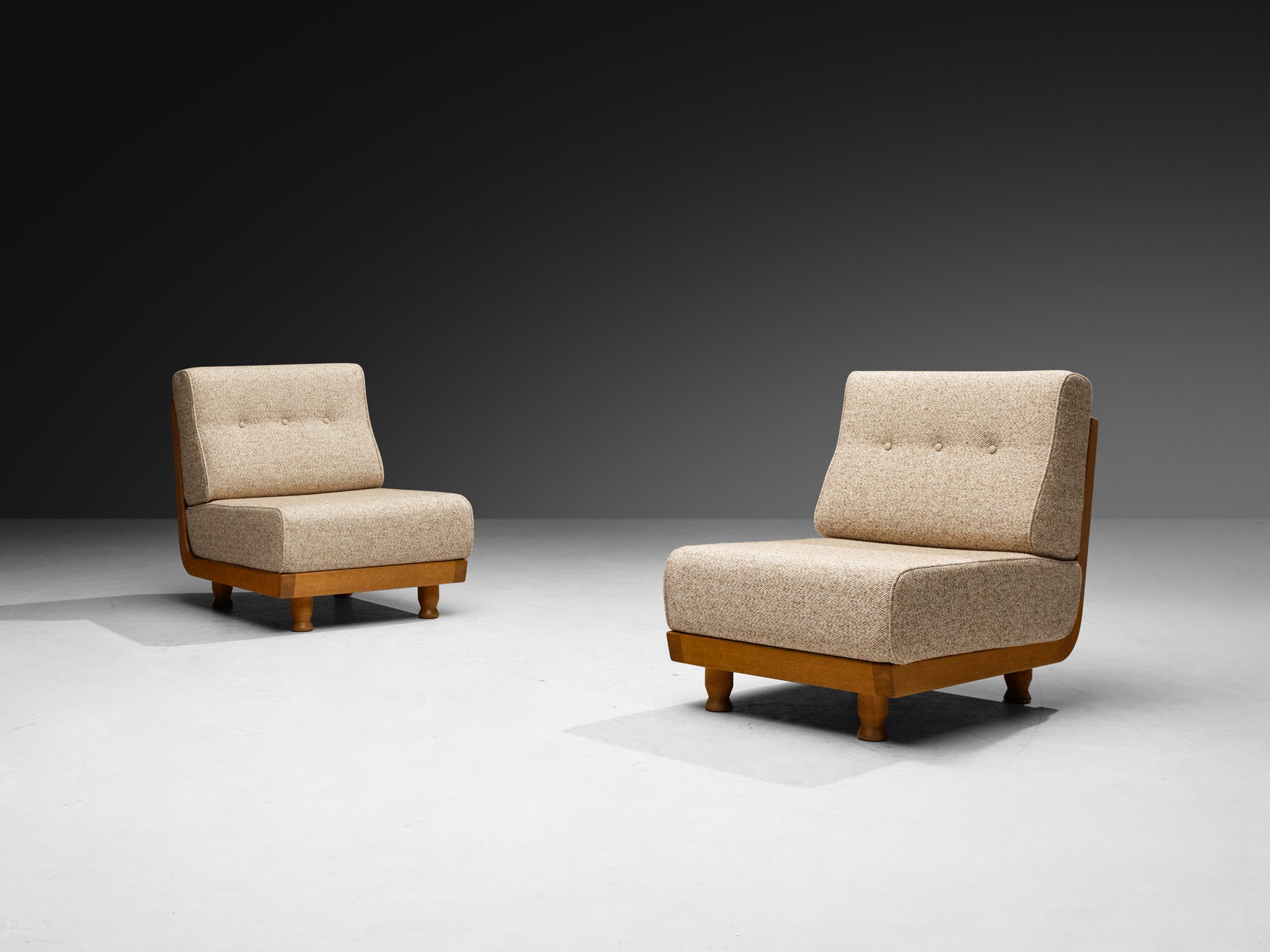 Guillerme & Chambron Lounge Chairs in Solid Oak and Beige Wool Seating Morentz