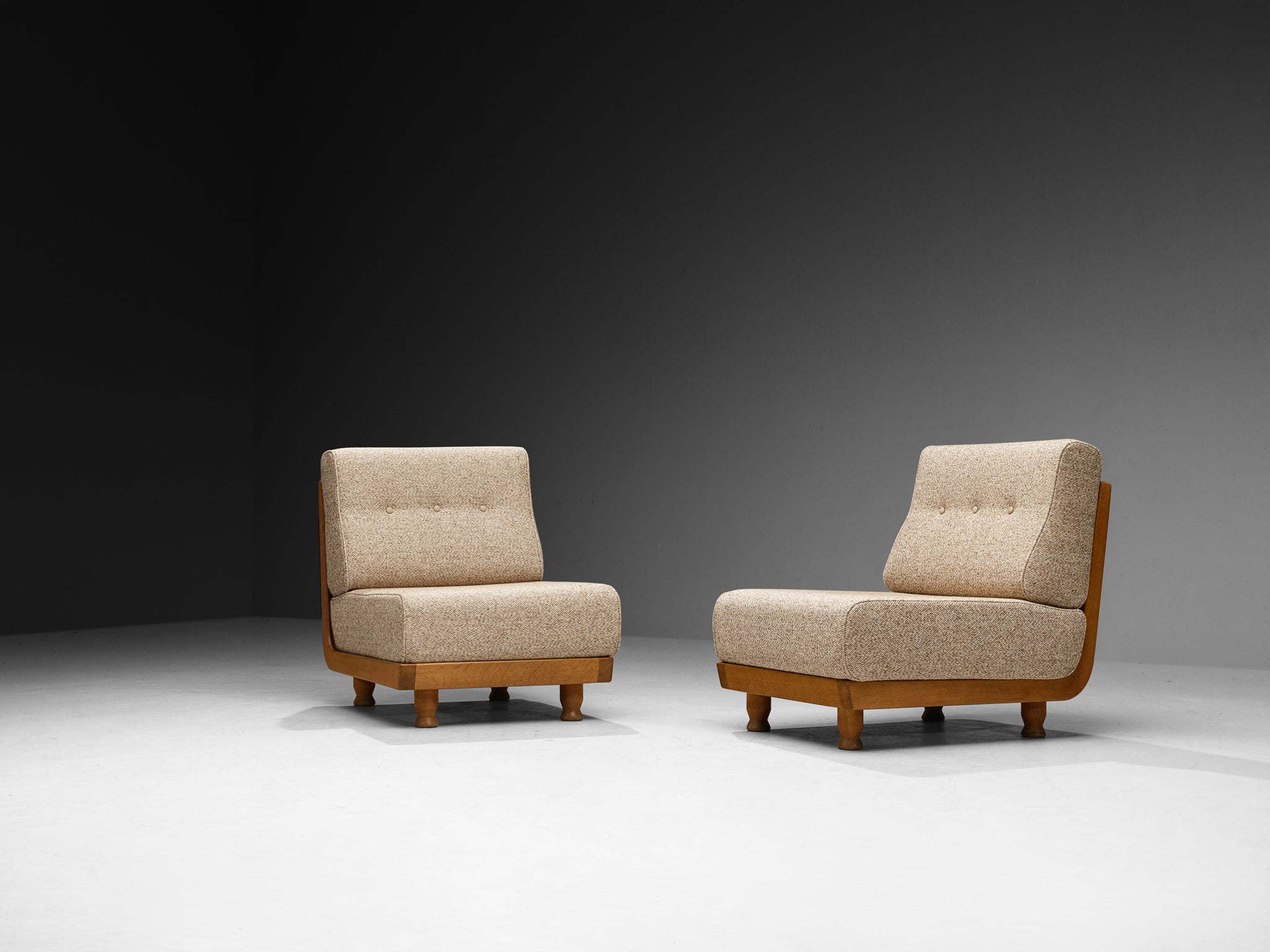 Guillerme & Chambron Lounge Chairs in Solid Oak and Beige Wool Seating Morentz