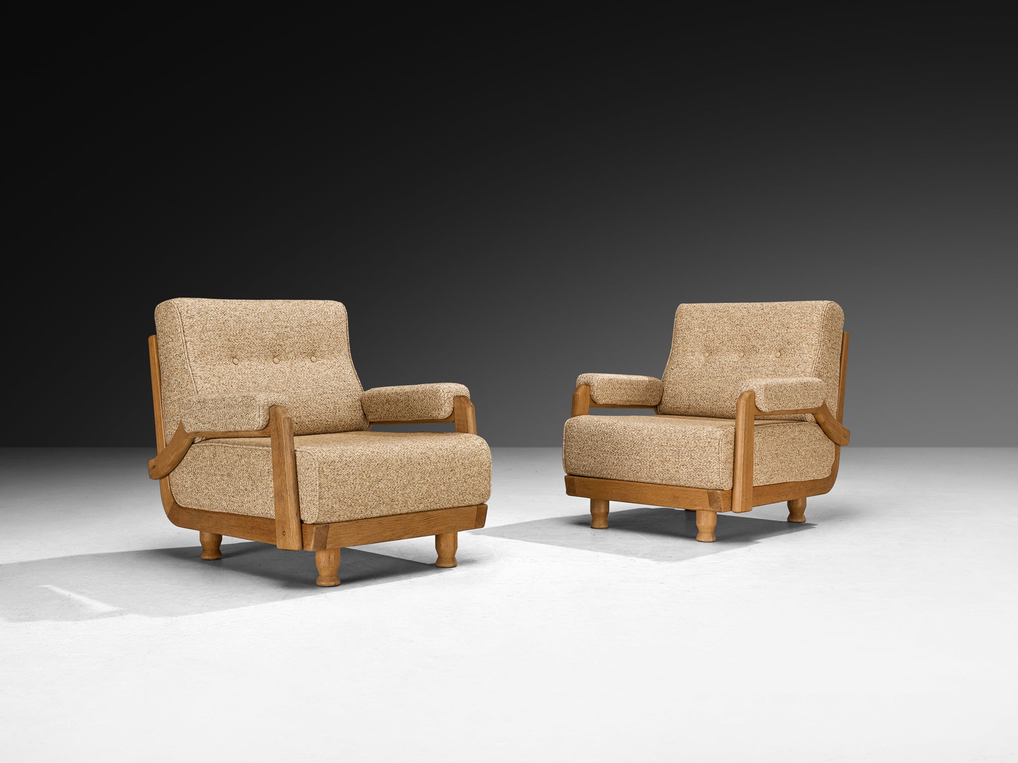Guillerme & Chambron Pair of Lounge Chairs in Solid Oak and Beige Wool