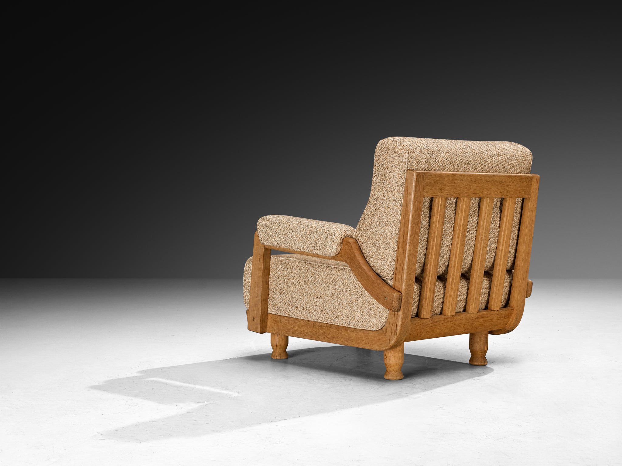 Guillerme & Chambron Pair of Lounge Chairs in Solid Oak and Beige Wool