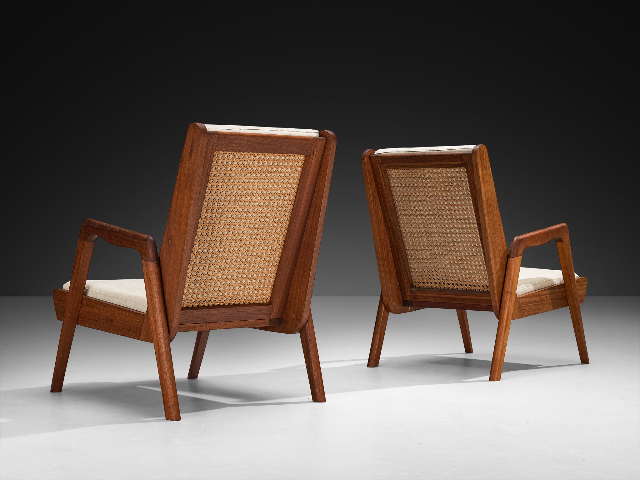 Mid-Century Modern French Lounge Chairs in Teak and Cane Seating Morentz