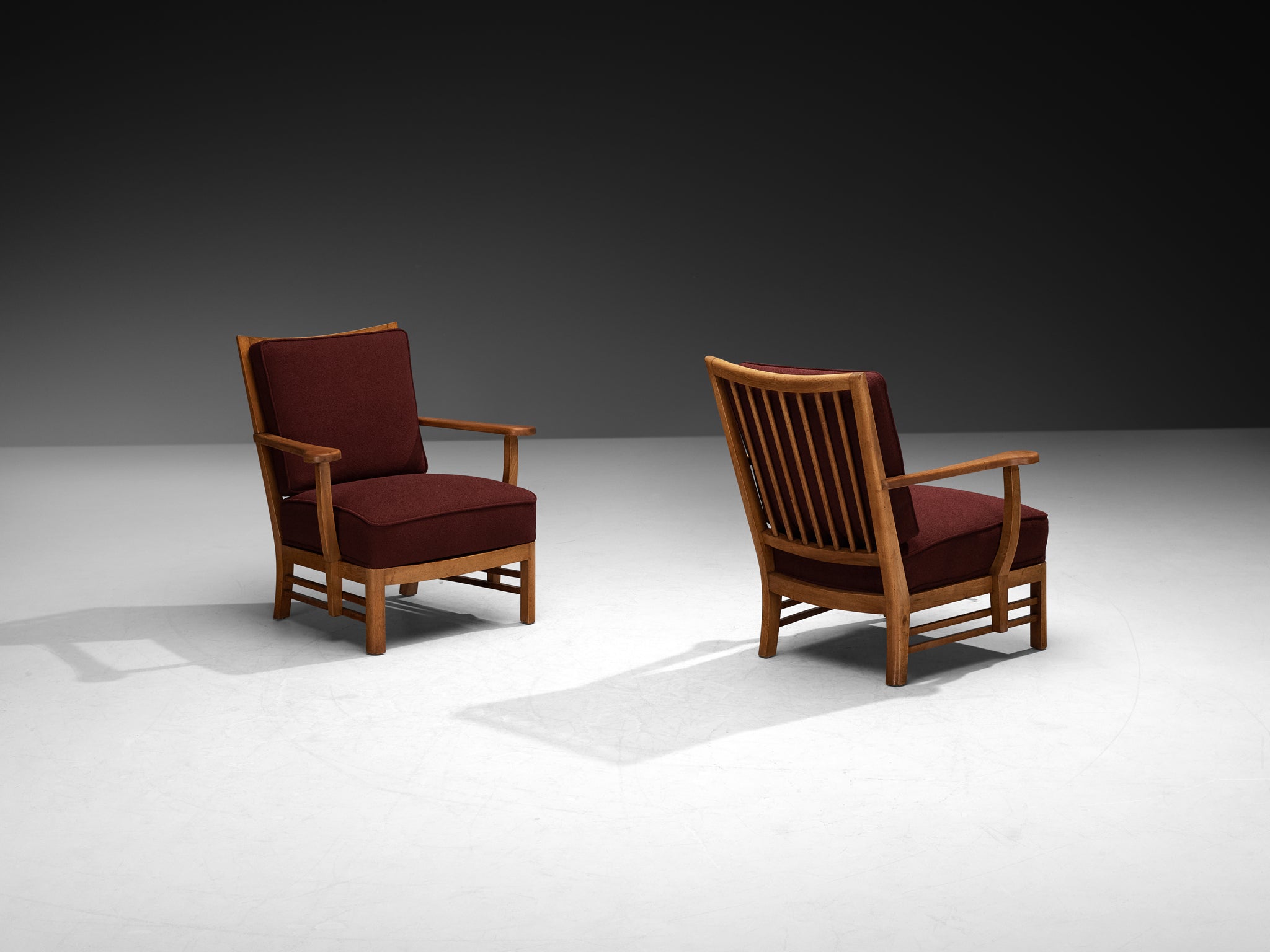 Pair of 1950s Lounge Chairs in Burgundy Red Fabric and Walnut Frames Seating Morentz