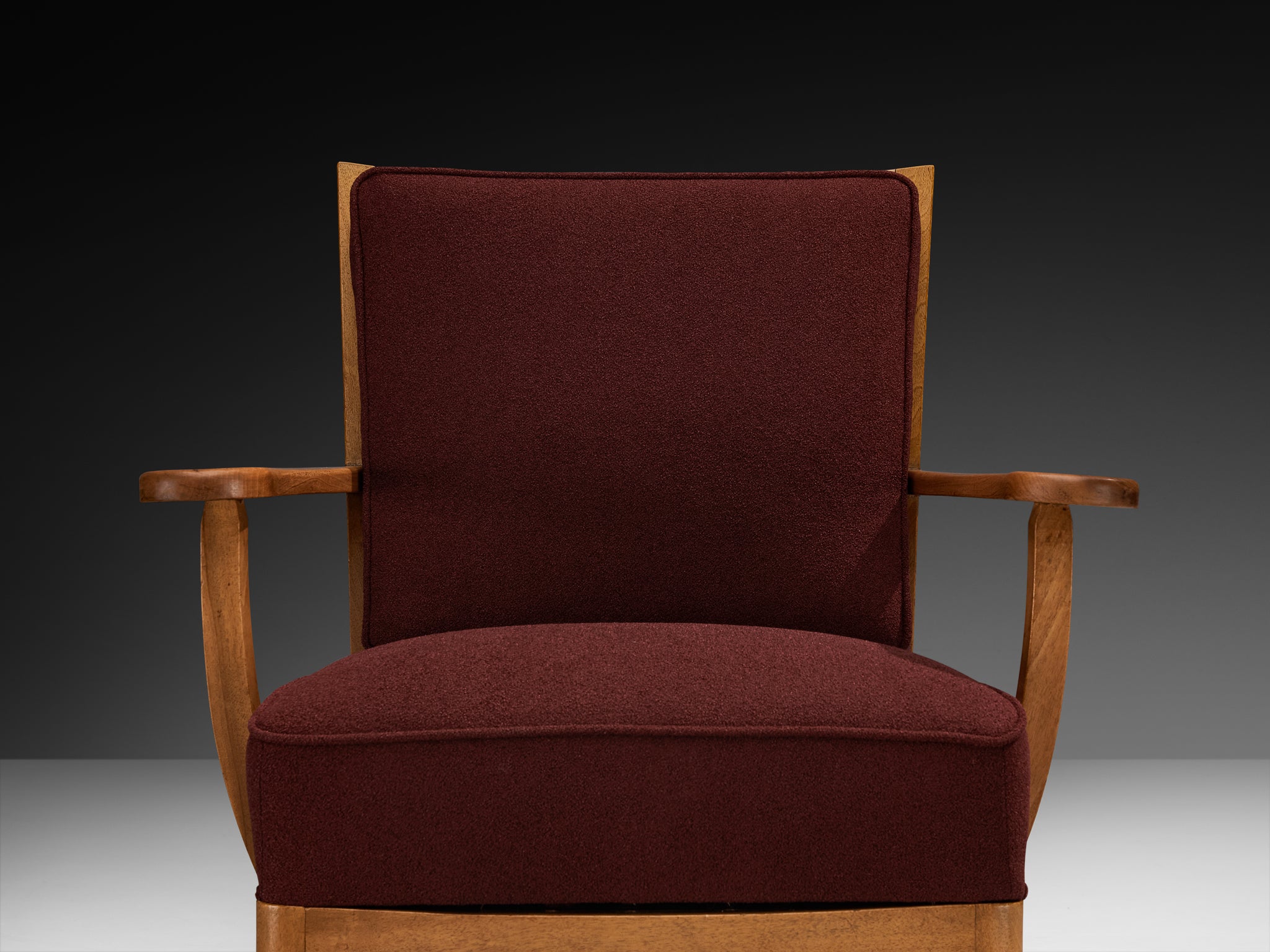 Pair of 1950s Lounge Chairs in Burgundy Red Fabric and Walnut Frames Seating Morentz