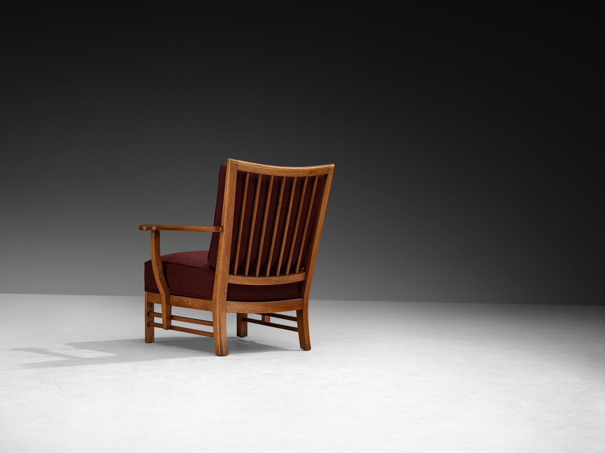 Pair of 1950s Lounge Chairs in Burgundy Red Fabric and Walnut Frames Seating Morentz