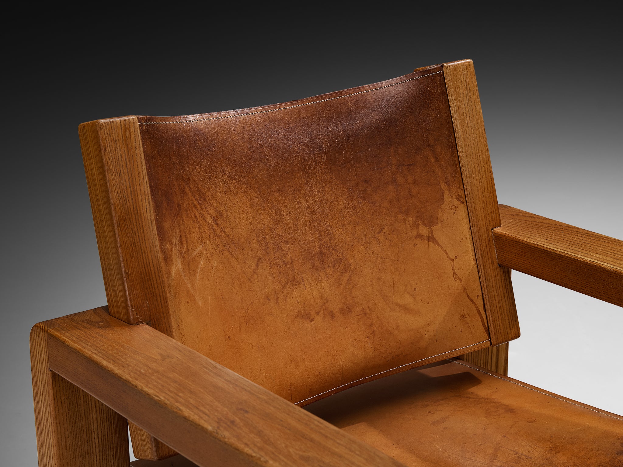 Galerie l'Orme Pair of Armchairs in Elm and Cognac Leather Seating Morentz