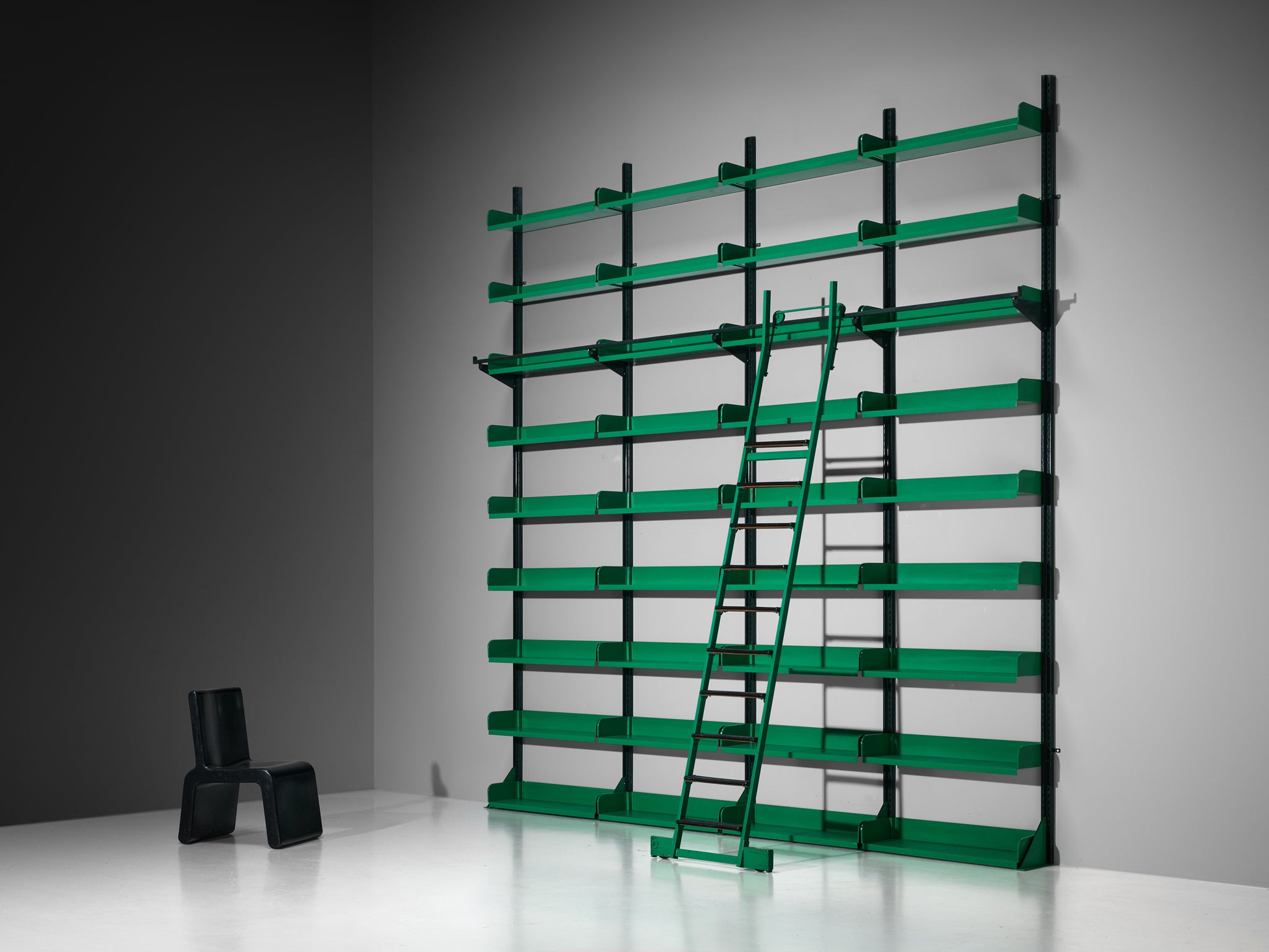 Large Italian Library with Integrated Staircase in Green Lacquered Steel Case pieces and storage cabinets Morentz