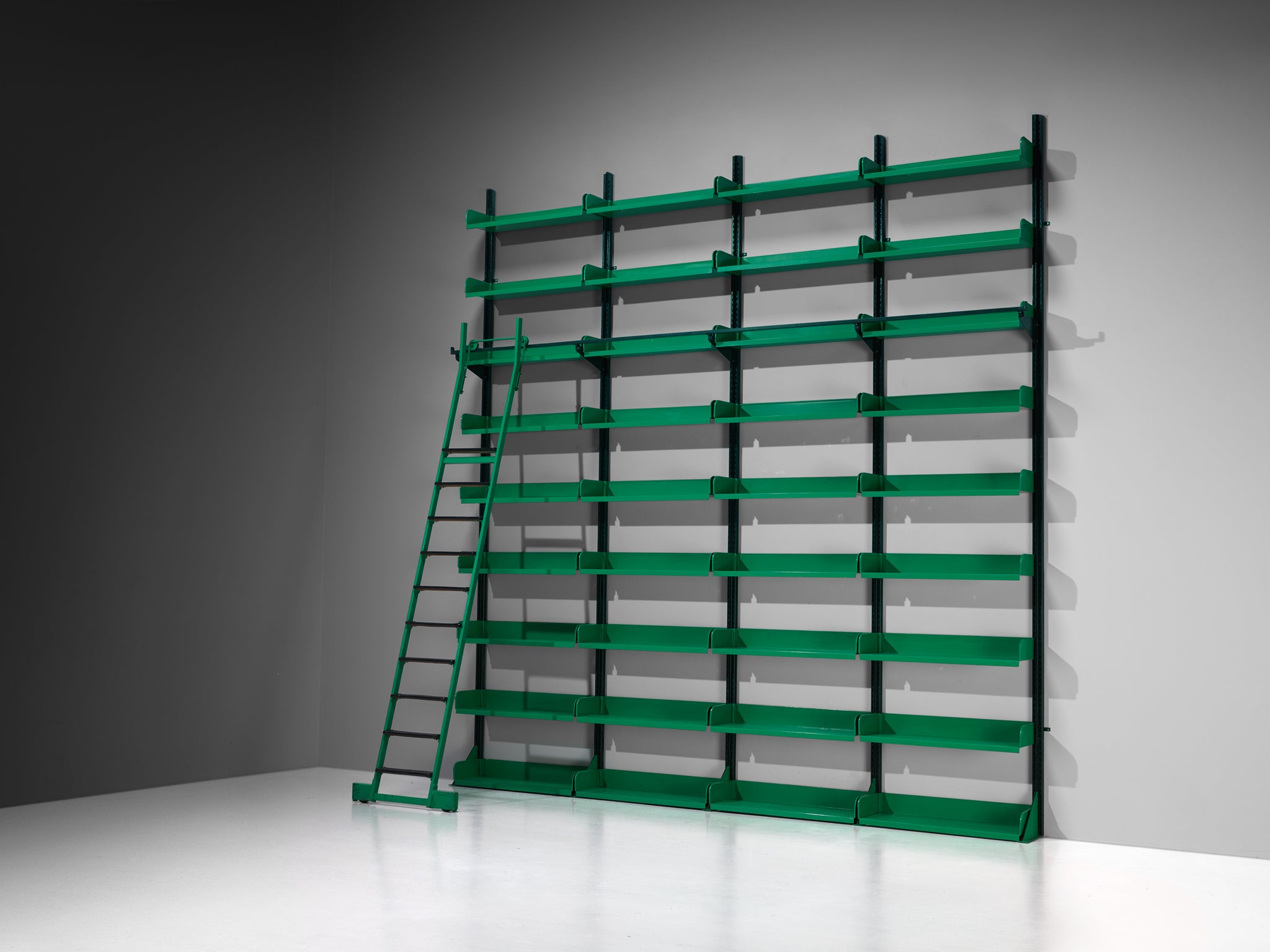 Large Italian Library with Integrated Staircase in Green Lacquered Steel Case pieces and storage cabinets Morentz