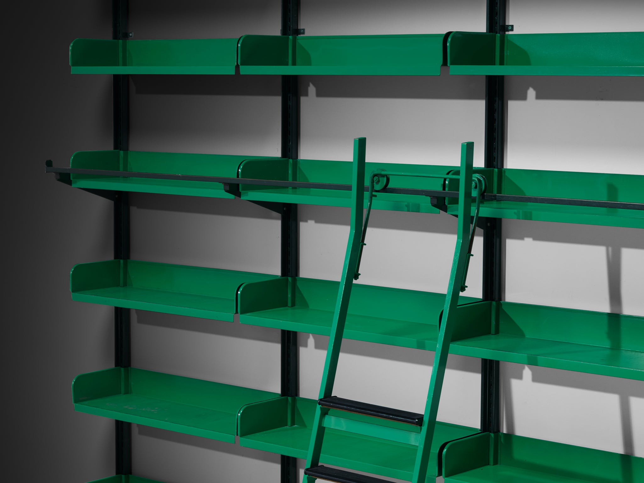 Large Italian Library with Integrated Staircase in Green Lacquered Steel Case pieces and storage cabinets Morentz