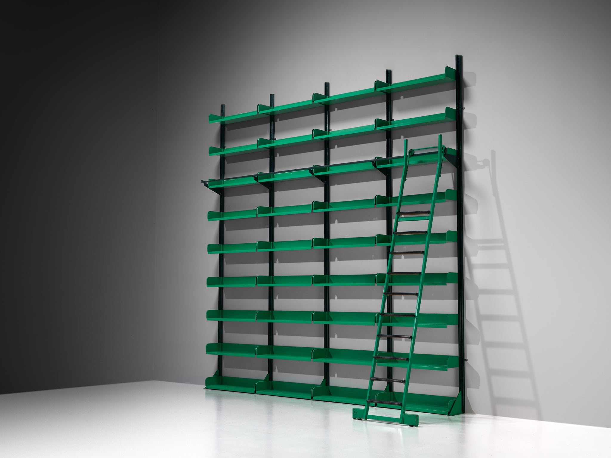 Large Italian Library with Integrated Staircase in Green Lacquered Steel Case pieces and storage cabinets Morentz